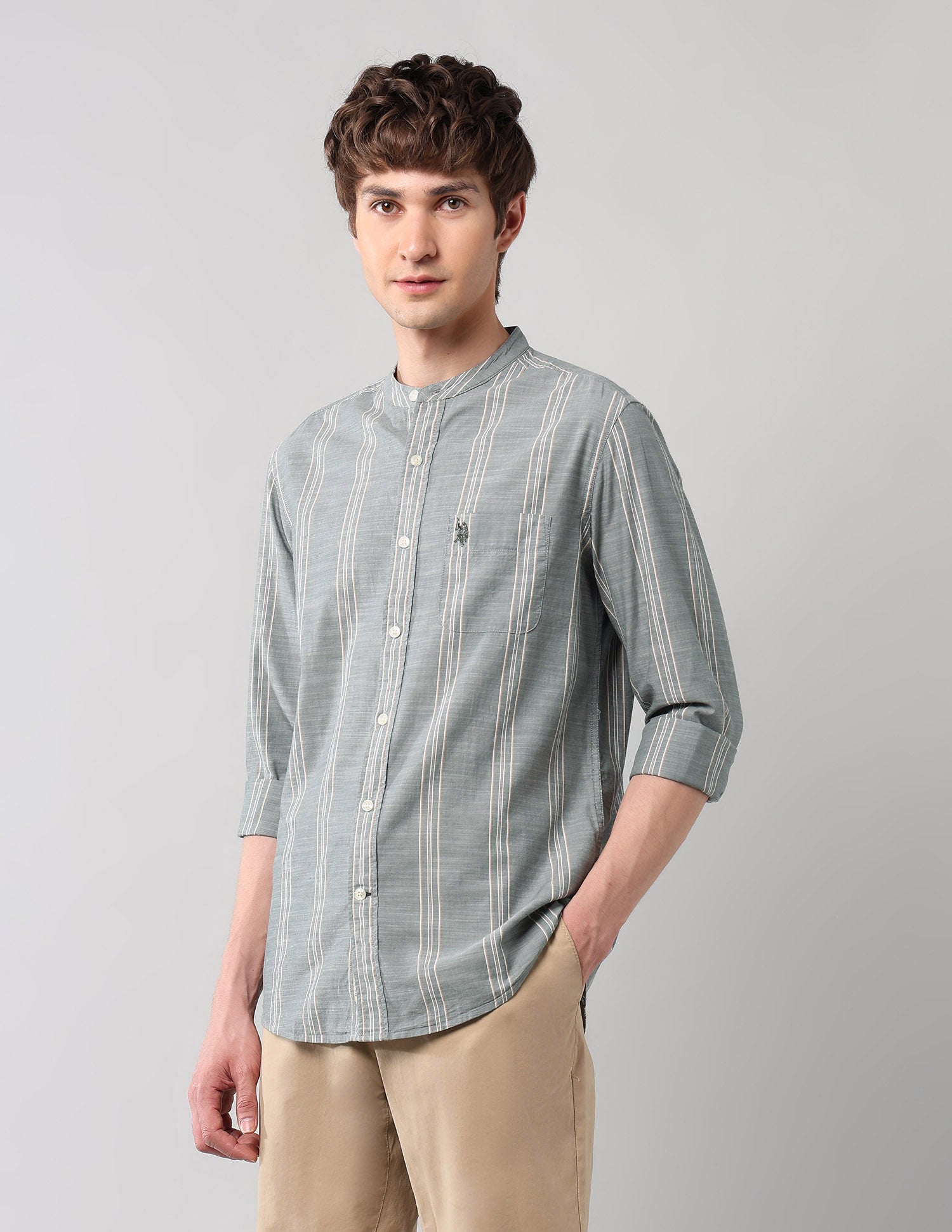 Pure Cotton Regular Fit Mandarin Shirt Green - U.S. Polo Assn. India | Large