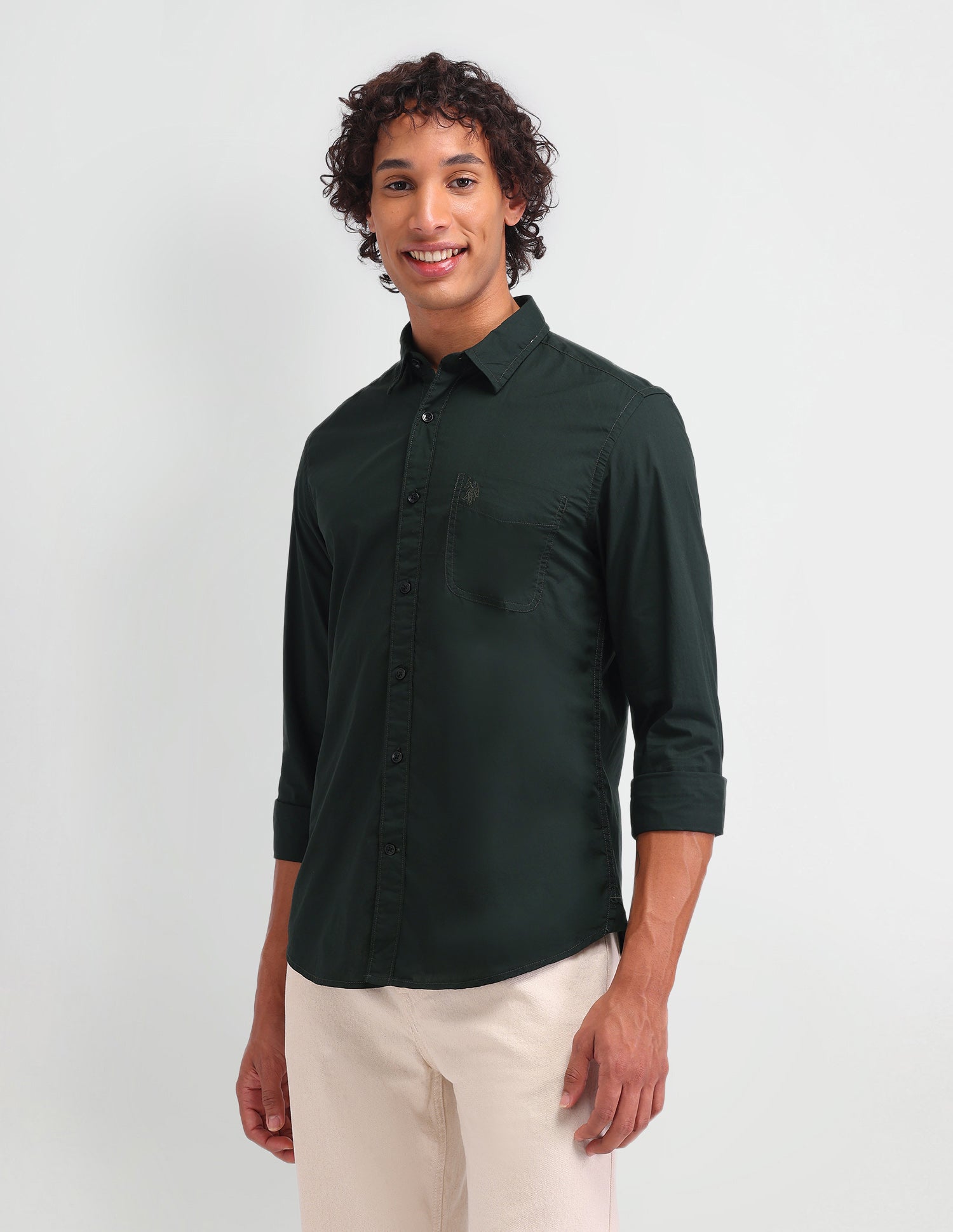 Solid Pattern Twill Shirt Dark Green - U.S. Polo Assn. India | Large