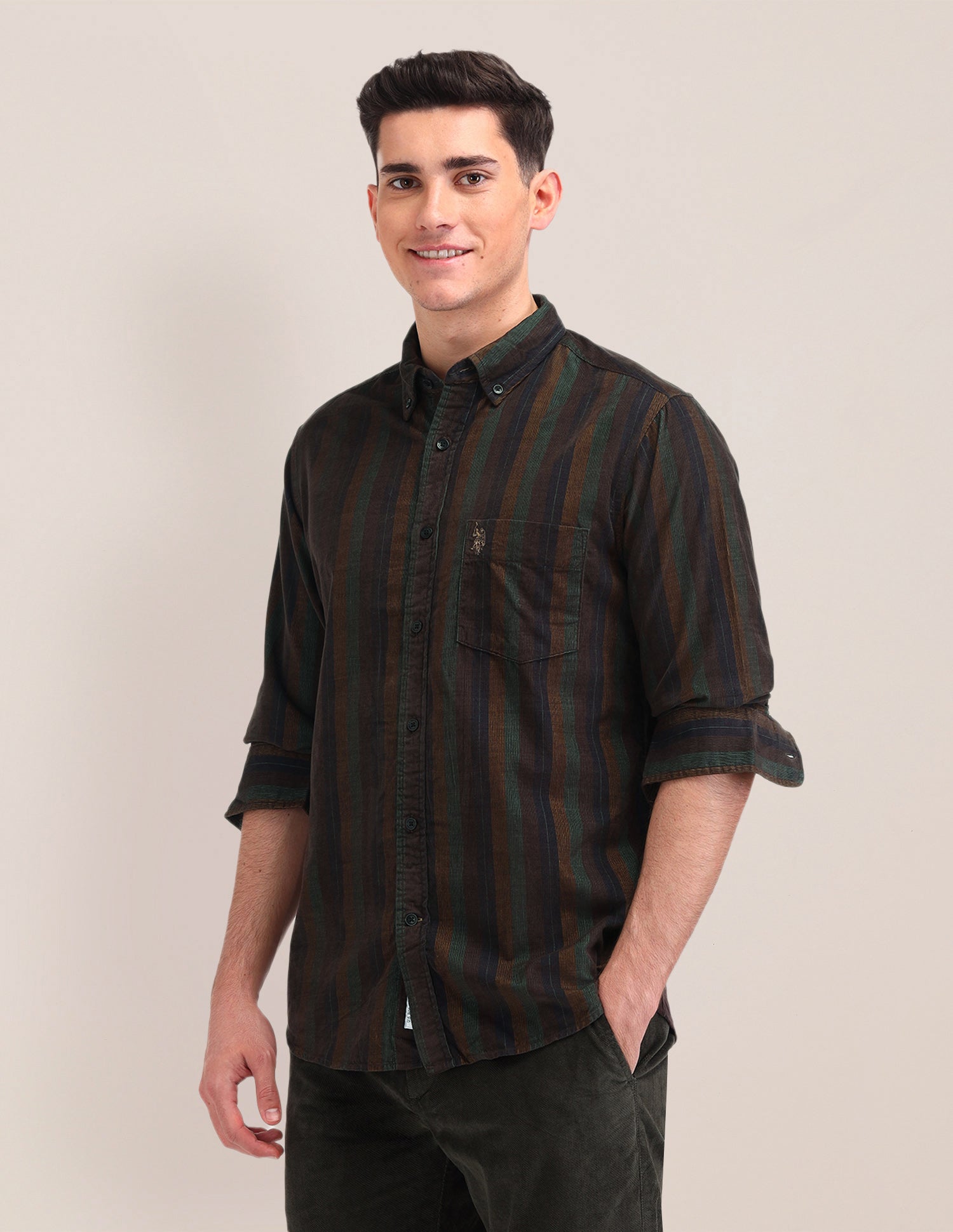 Vertical Striped Tailored Fit Shirt Brown - U.S. Polo Assn. India | Large