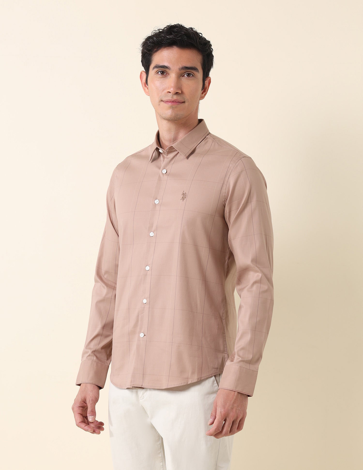 Windowpane Checked Tailored Fit Shirt Peach - U.S. Polo Assn. India | Large