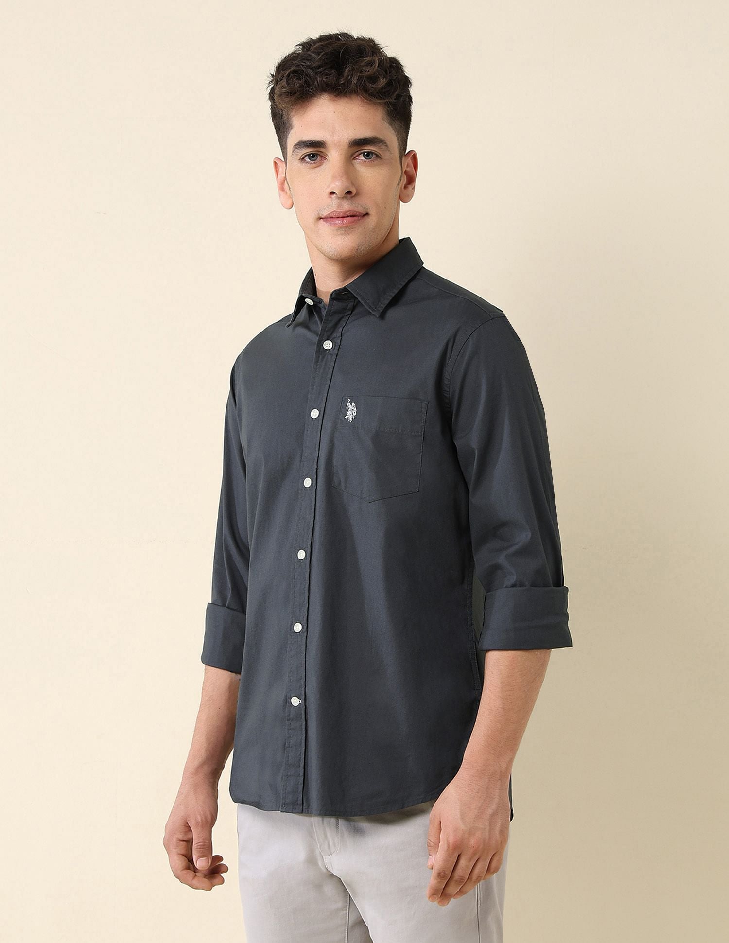 Poplin Solid Stretch Shirt Grey - U.S. Polo Assn. India | Large