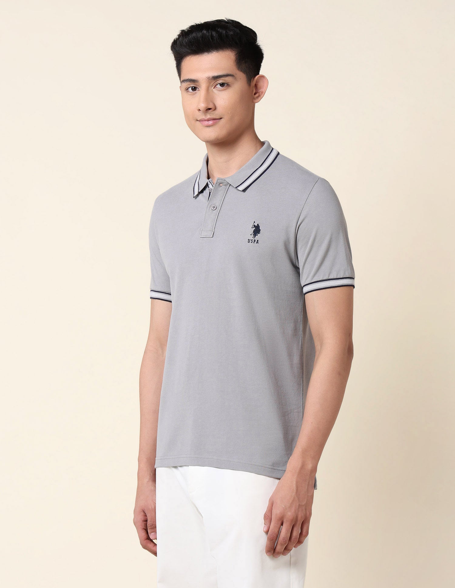 Slim Fit Pure Cotton Polo Shirt Light Grey - U.S. Polo Assn. India | Large