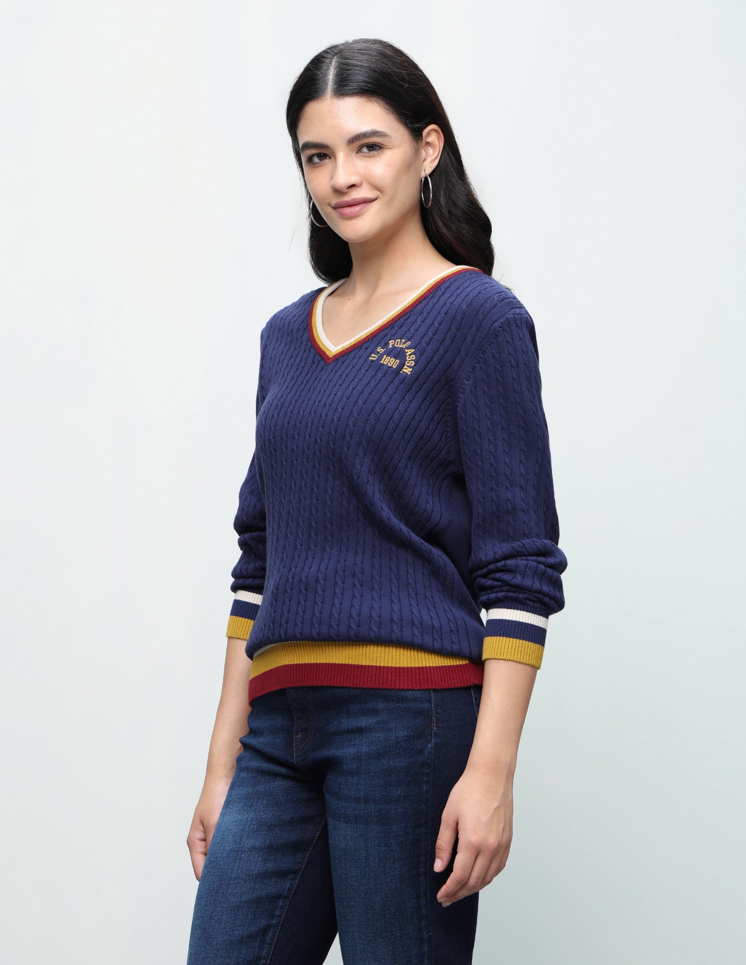 Cable Patterned Knit Regular Fit Sweater Navy - U.S. Polo Assn. India | Large