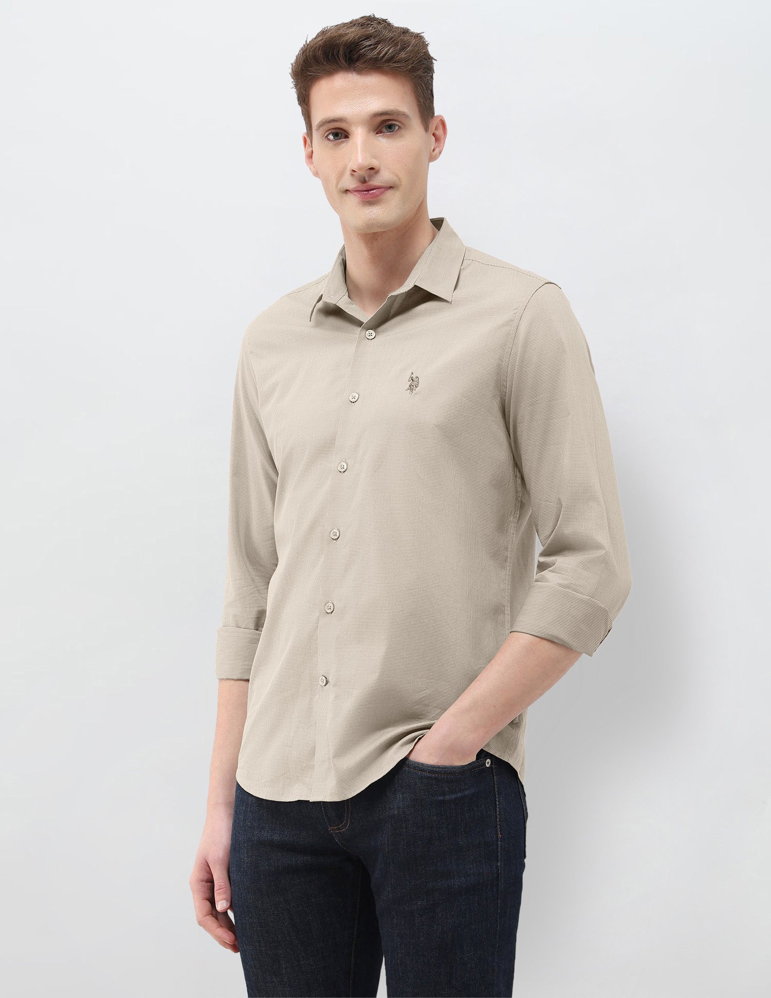 Micro Checked Black & Gold Regular Fit Shirt Beige - U.S. Polo Assn. India | Large