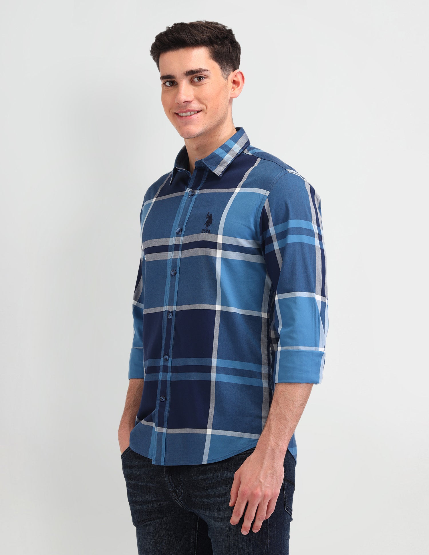 Grid Tattersall Checked Slim Fit Shirt Blue - U.S. Polo Assn. India | Large