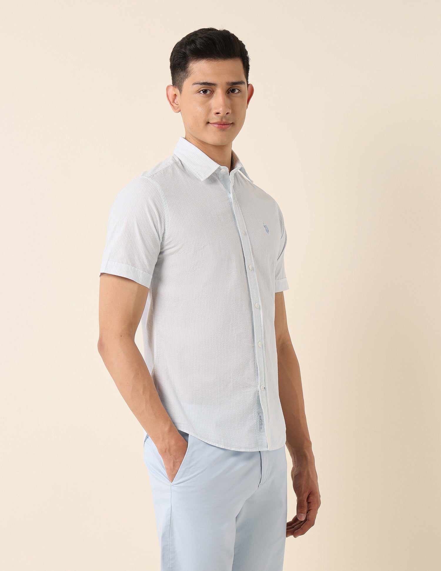 Vertical Striped Pure Cotton Shirt Light Blue - U.S. Polo Assn. India | Large