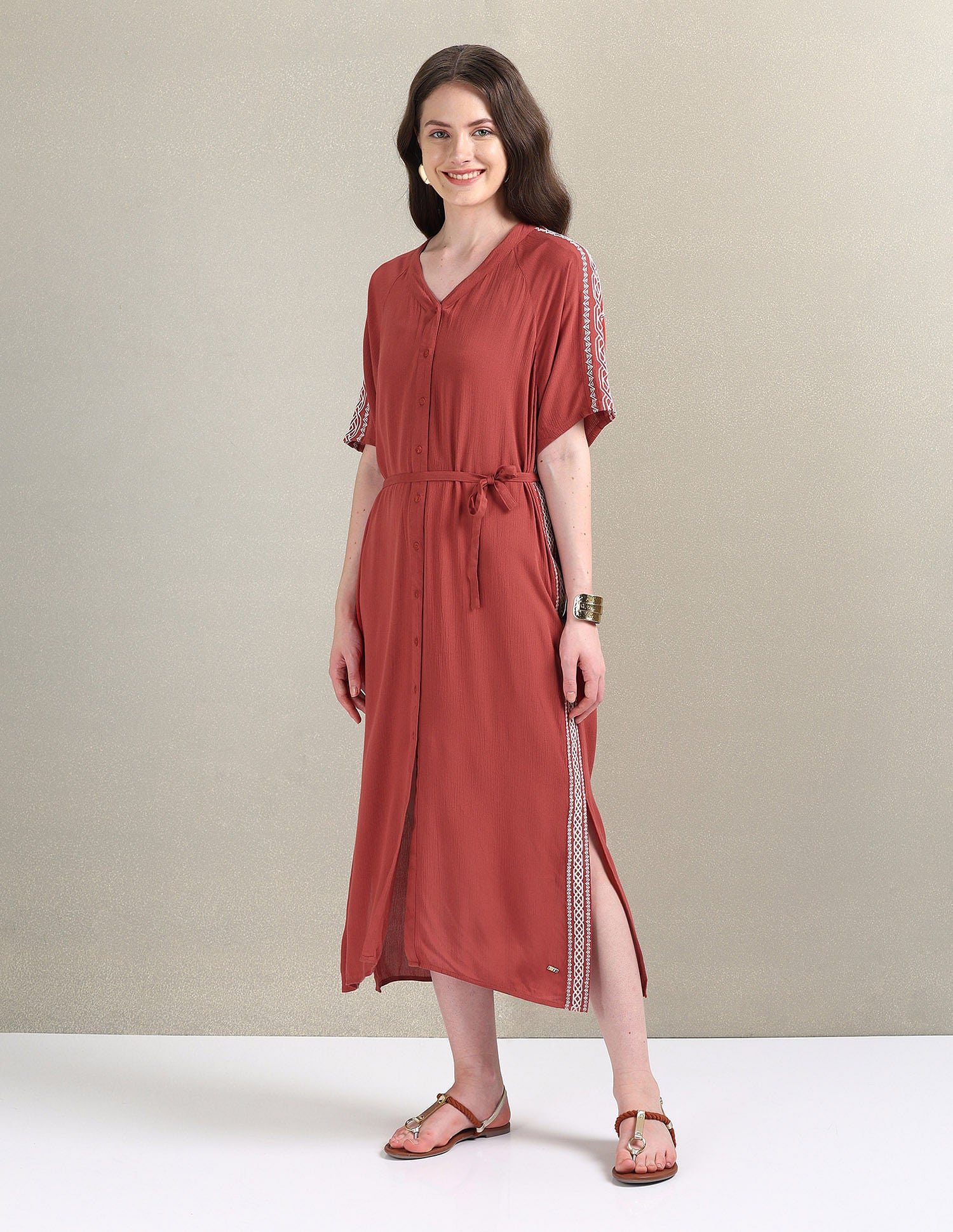 Crinkle Viscose Embroidered Dress Rust - U.S. POLO ASSN. | Large