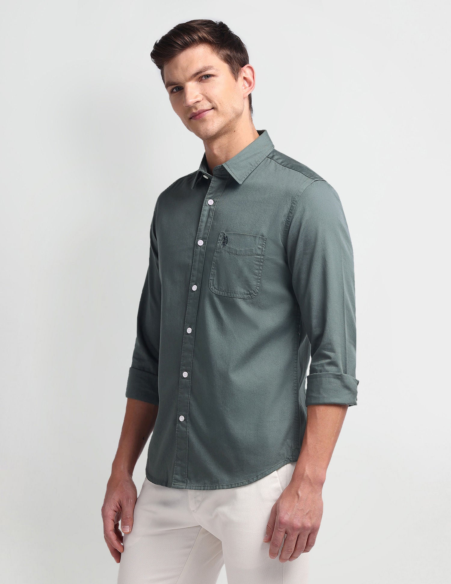 Semi Cutaway Collar Slim Fit Shirt Grey - U.S. Polo Assn. India | Large