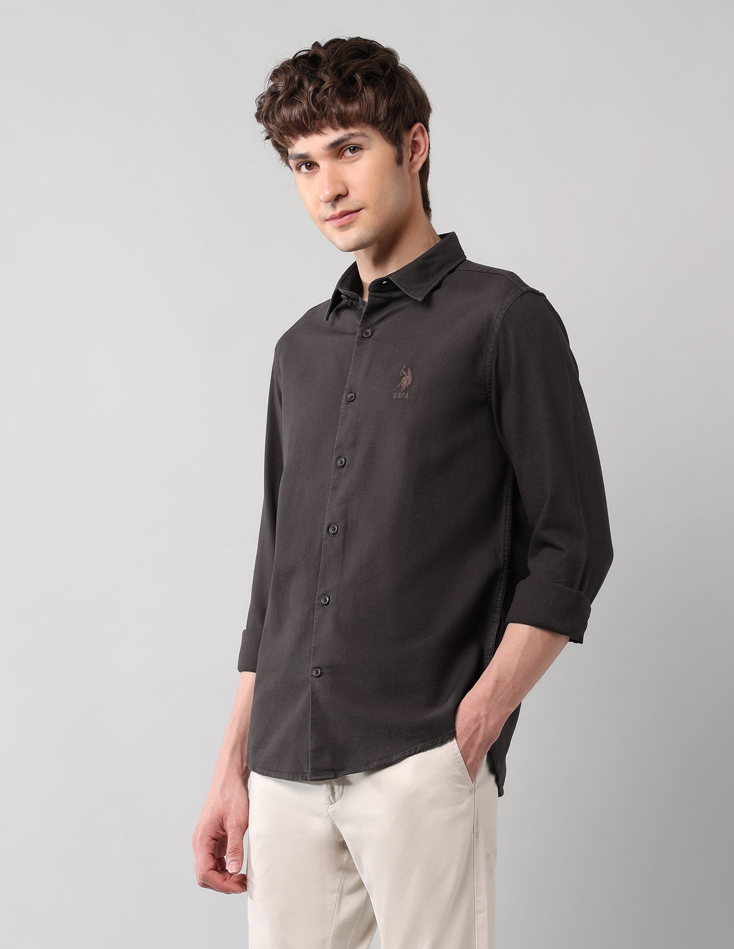 Pure Cotton Regular Fit Dobby Shirt Choco - U.S. Polo Assn. India | Large