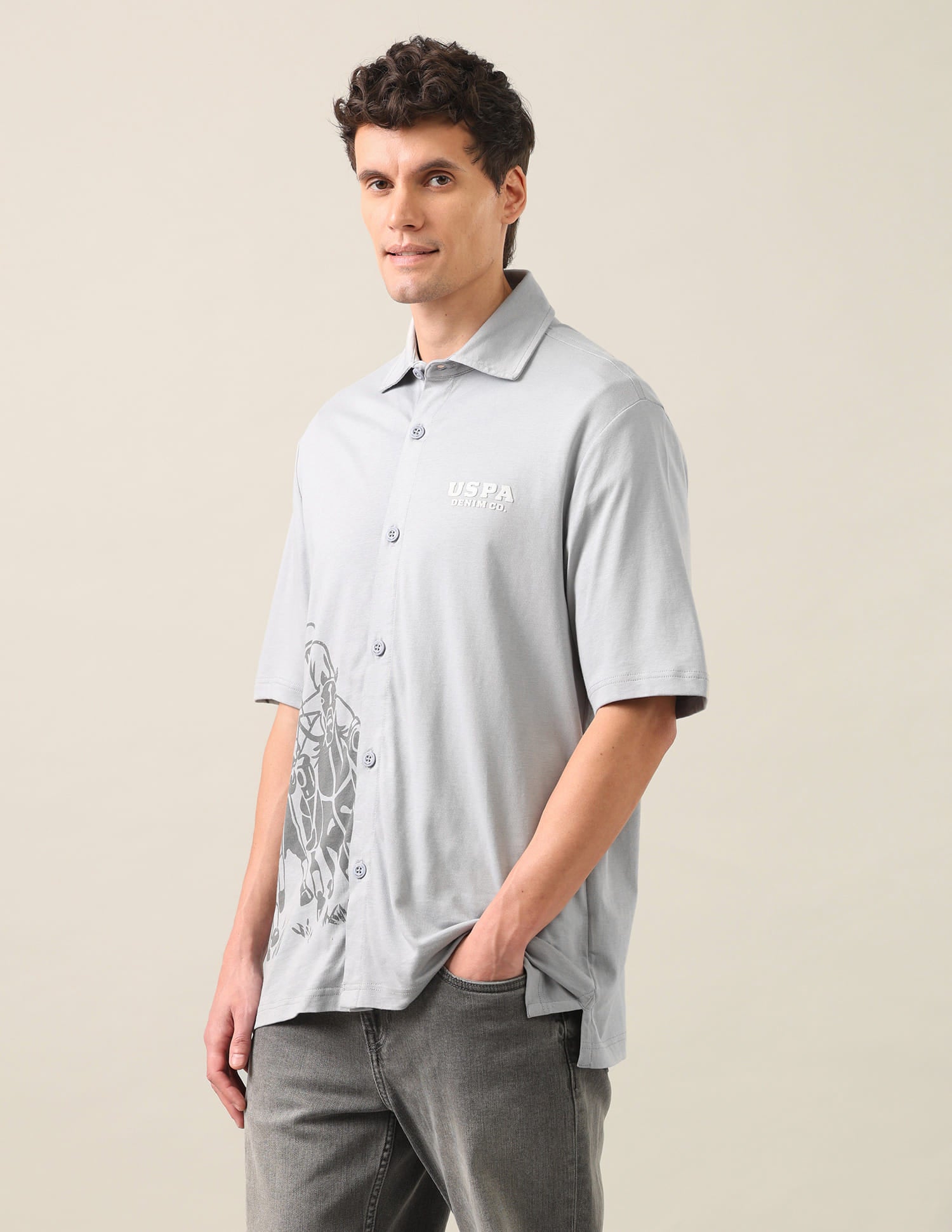 Graphic Brand Printed Knitted Shirt Grey - U.S. Polo Assn. India | Large
