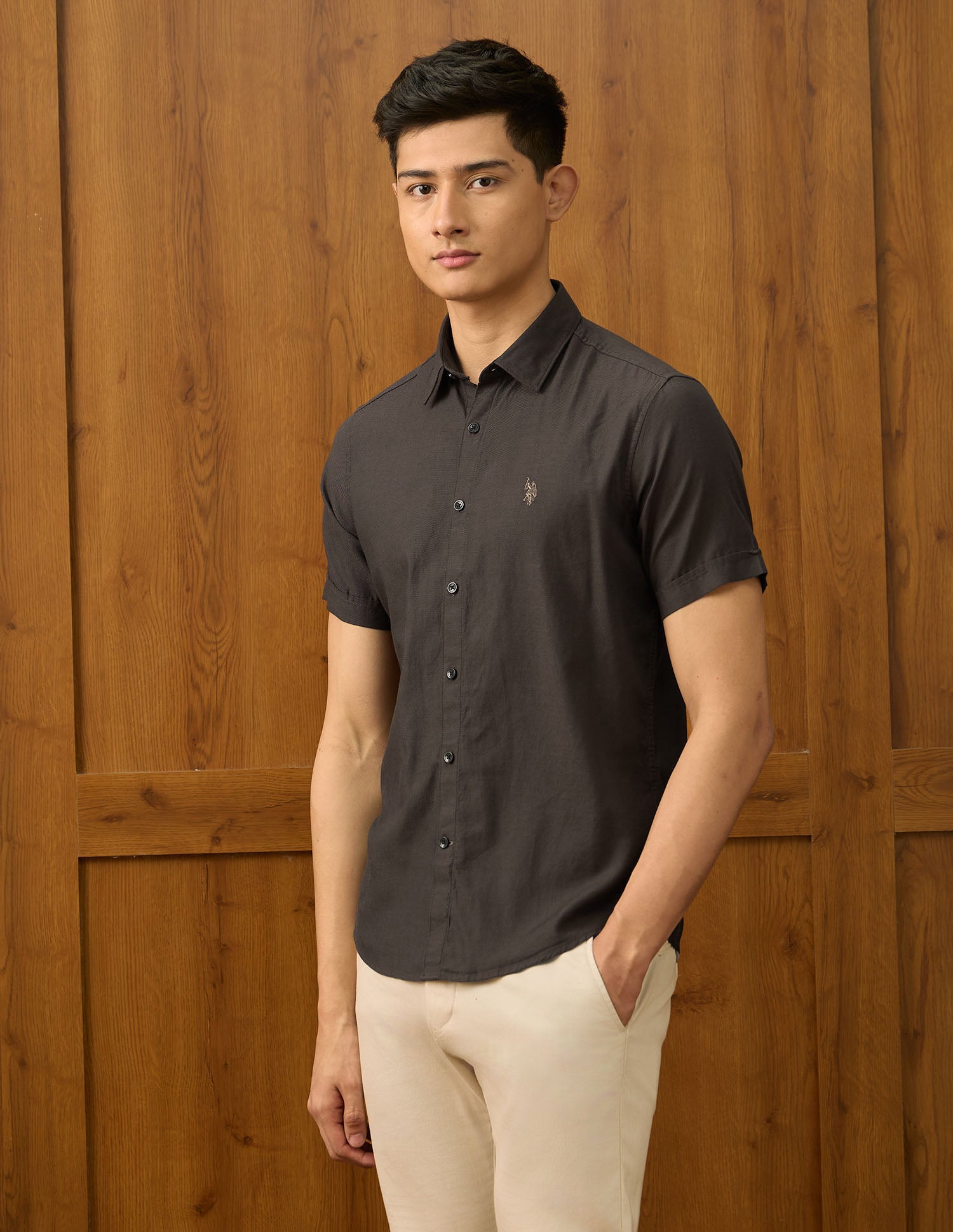 Textured Dobby Varsity Shirt Choco - U.S. POLO ASSN. | Large