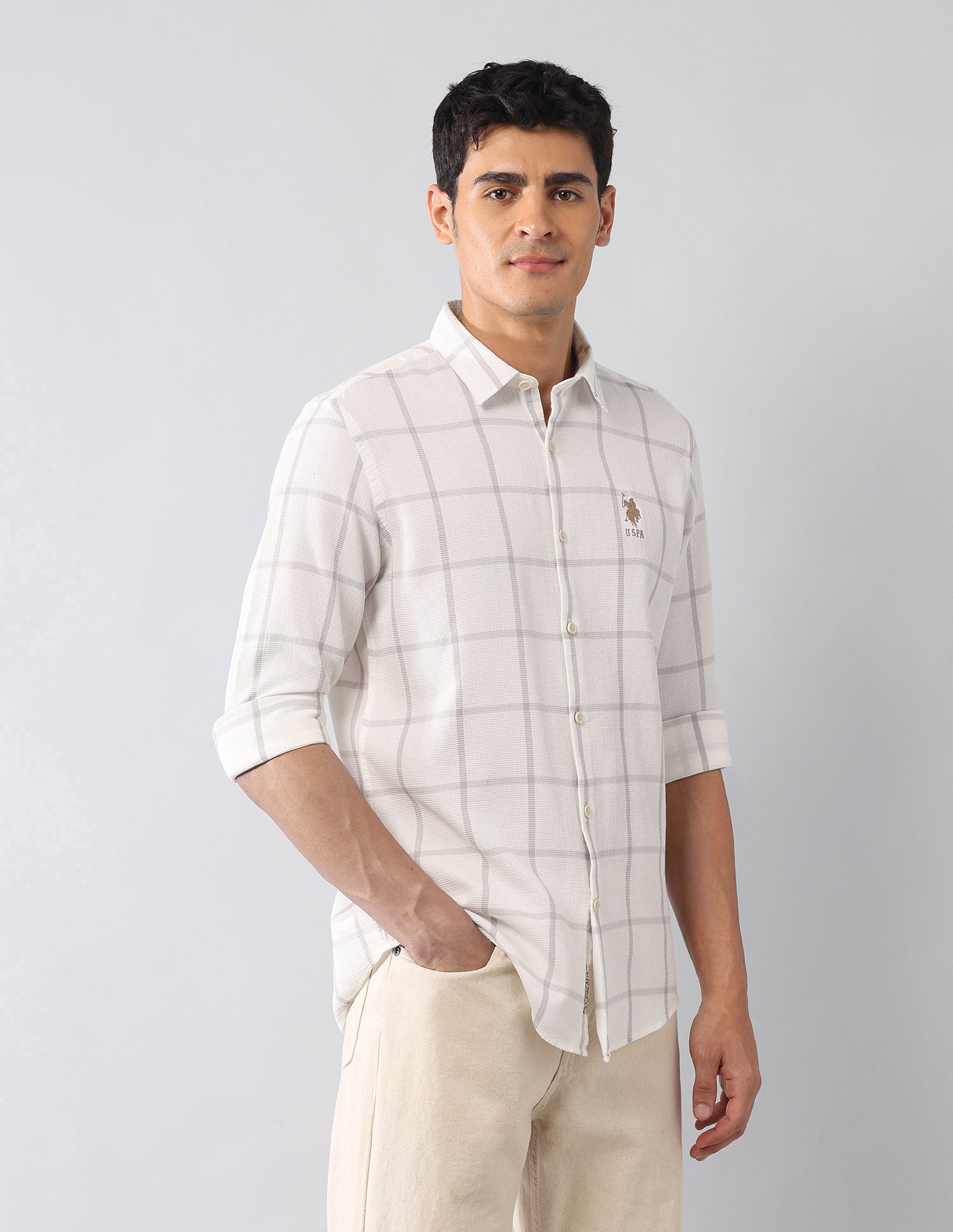 Windowpane Checked Dobby Regular Fit Shirt Khaki - U.S. Polo Assn. India | Large