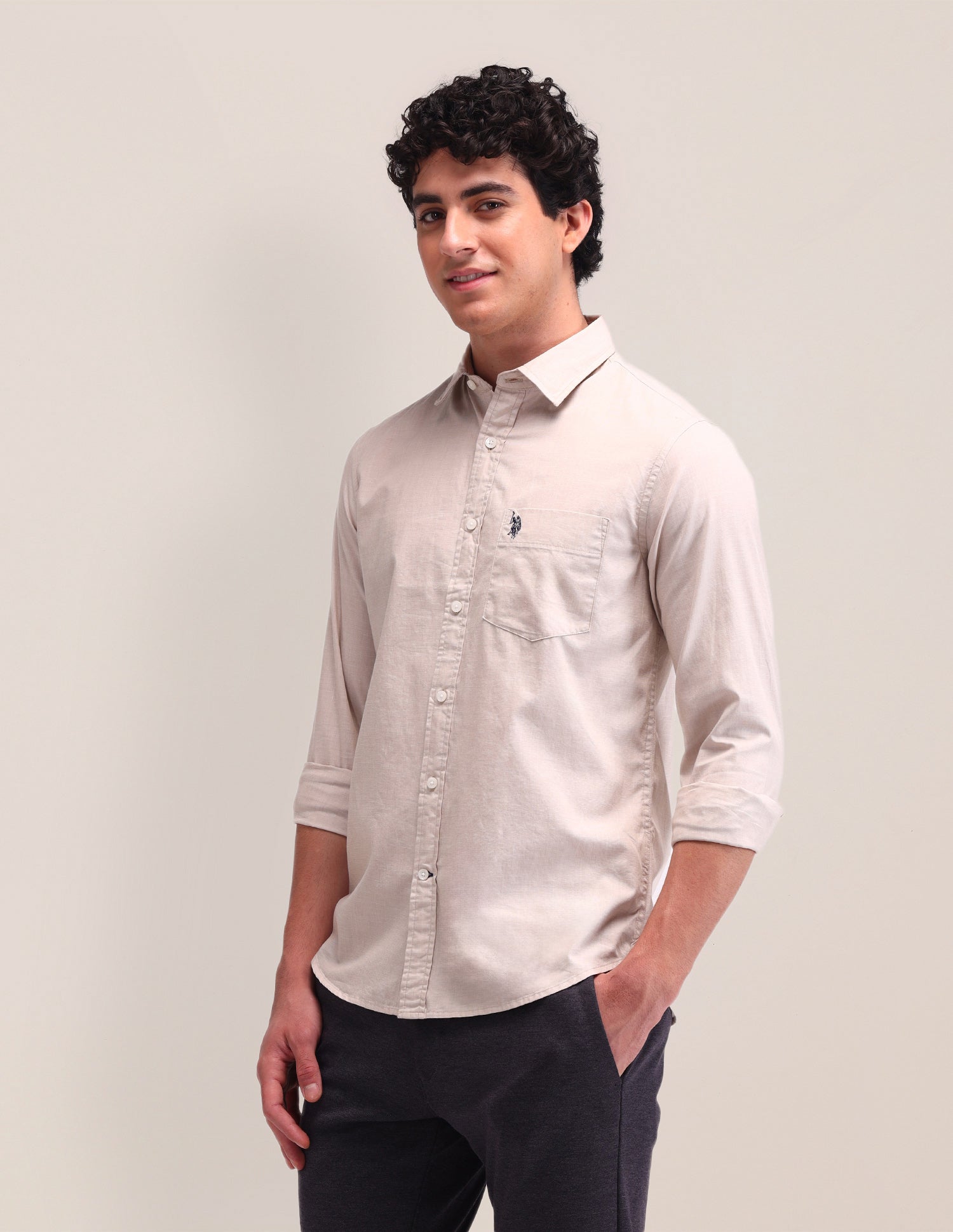 Textured Pattern Poplin Shirt Light Pink - U.S. Polo Assn. India | Large