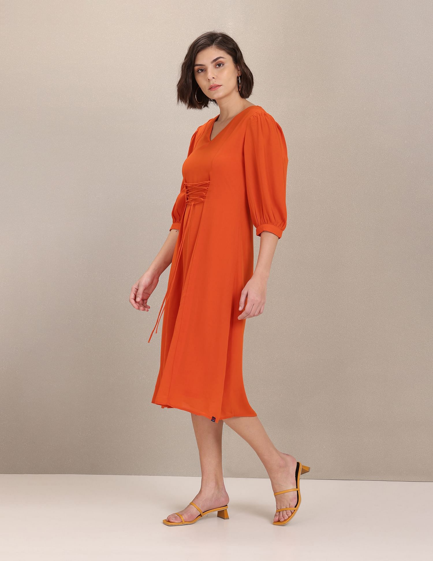 Solid Three Quarter Sleeve A-Line Dress Orange - U.S. Polo Assn. India | Large