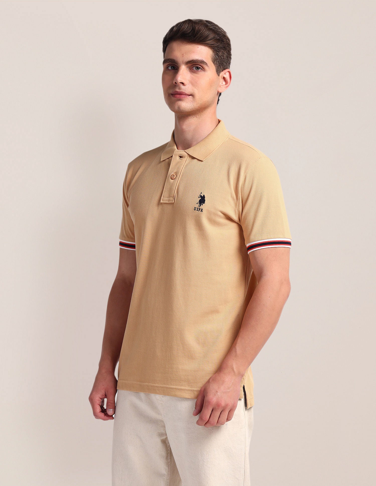 Tipped Sleeve Hem Slim Polo Shirt Beige - U.S. Polo Assn. India | Large