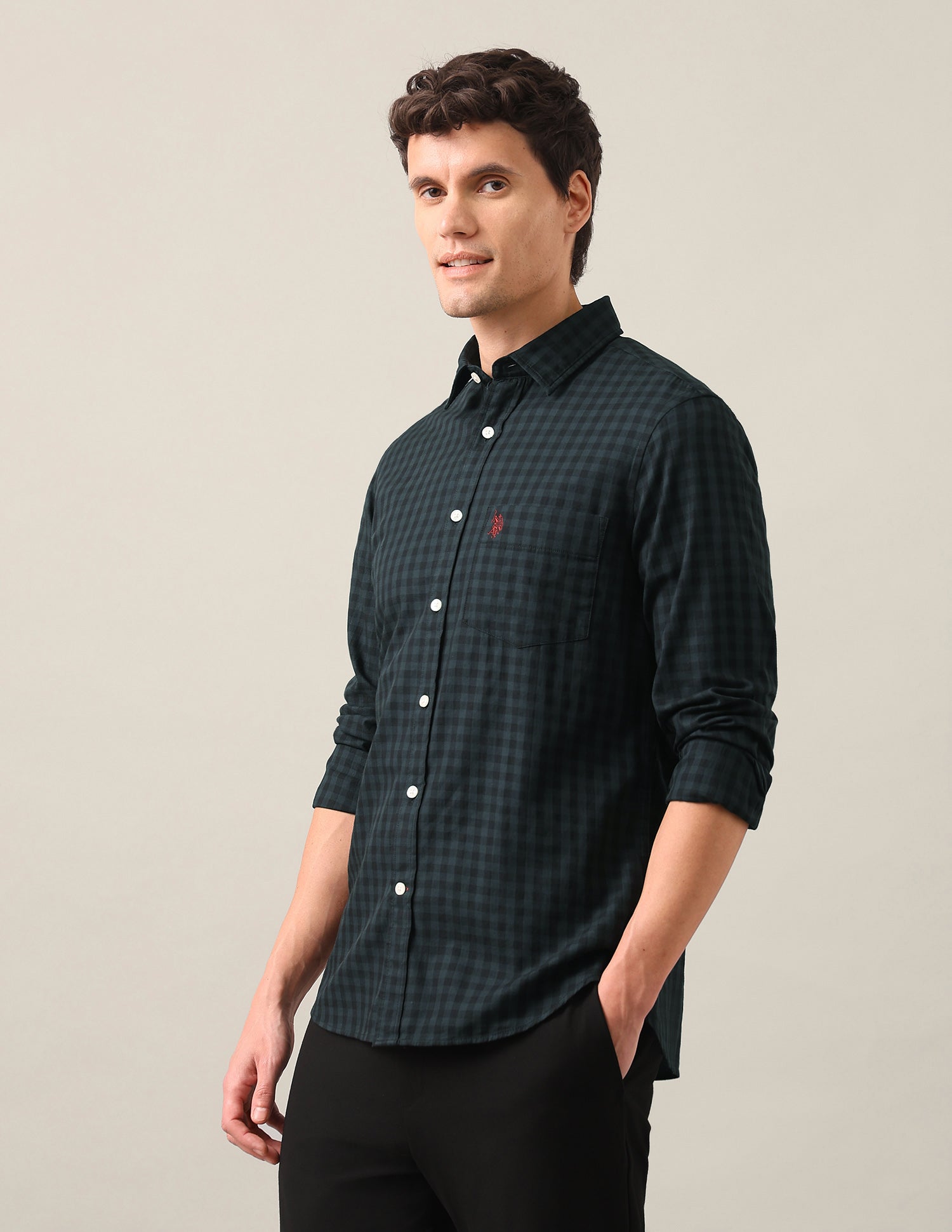 Gingham Checked Twill Shirt Green - U.S. Polo Assn. India | Large