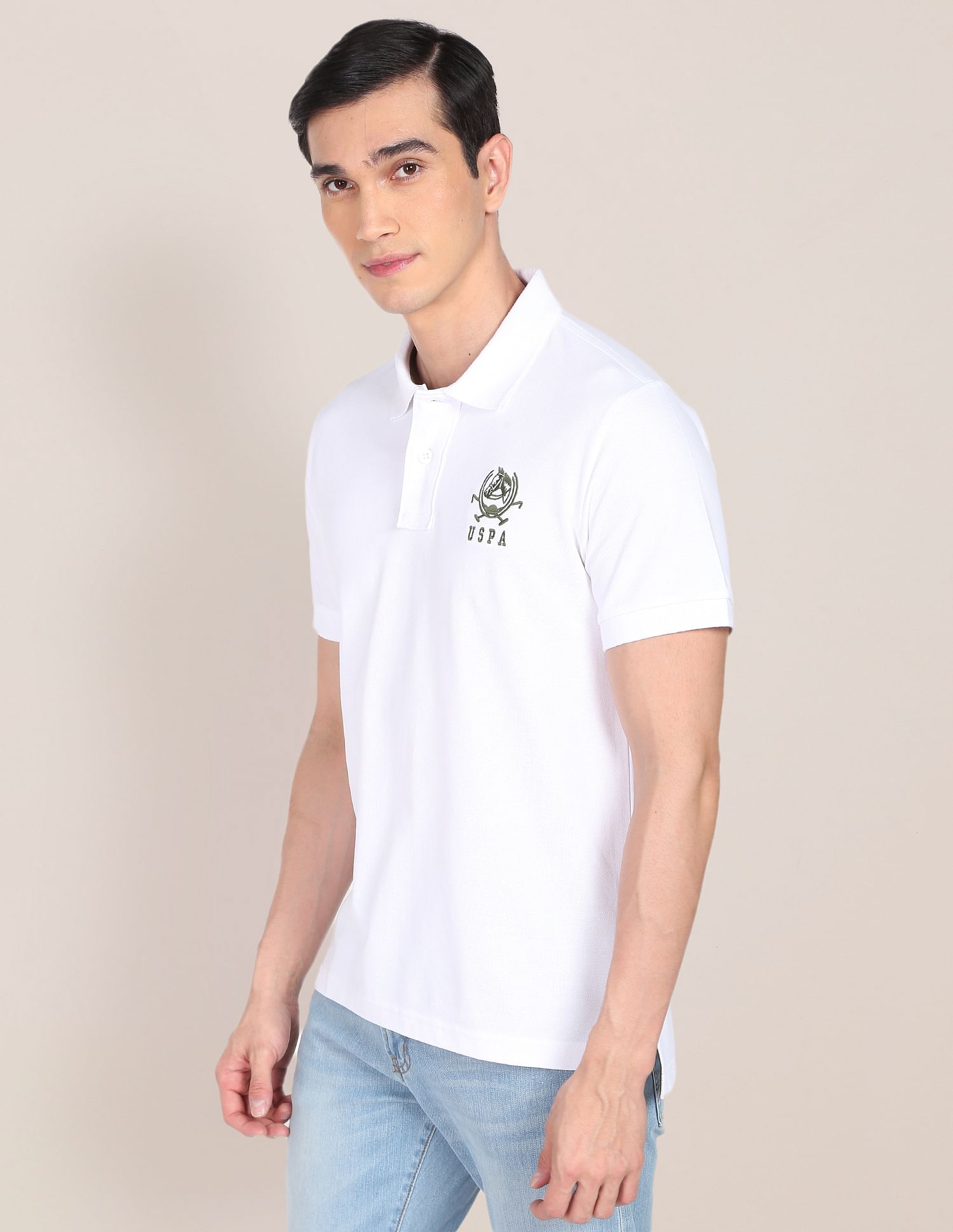 Men White Embroidered Logo Solid Cotton Polo Shirt White - U.S. Polo Assn. India | Large