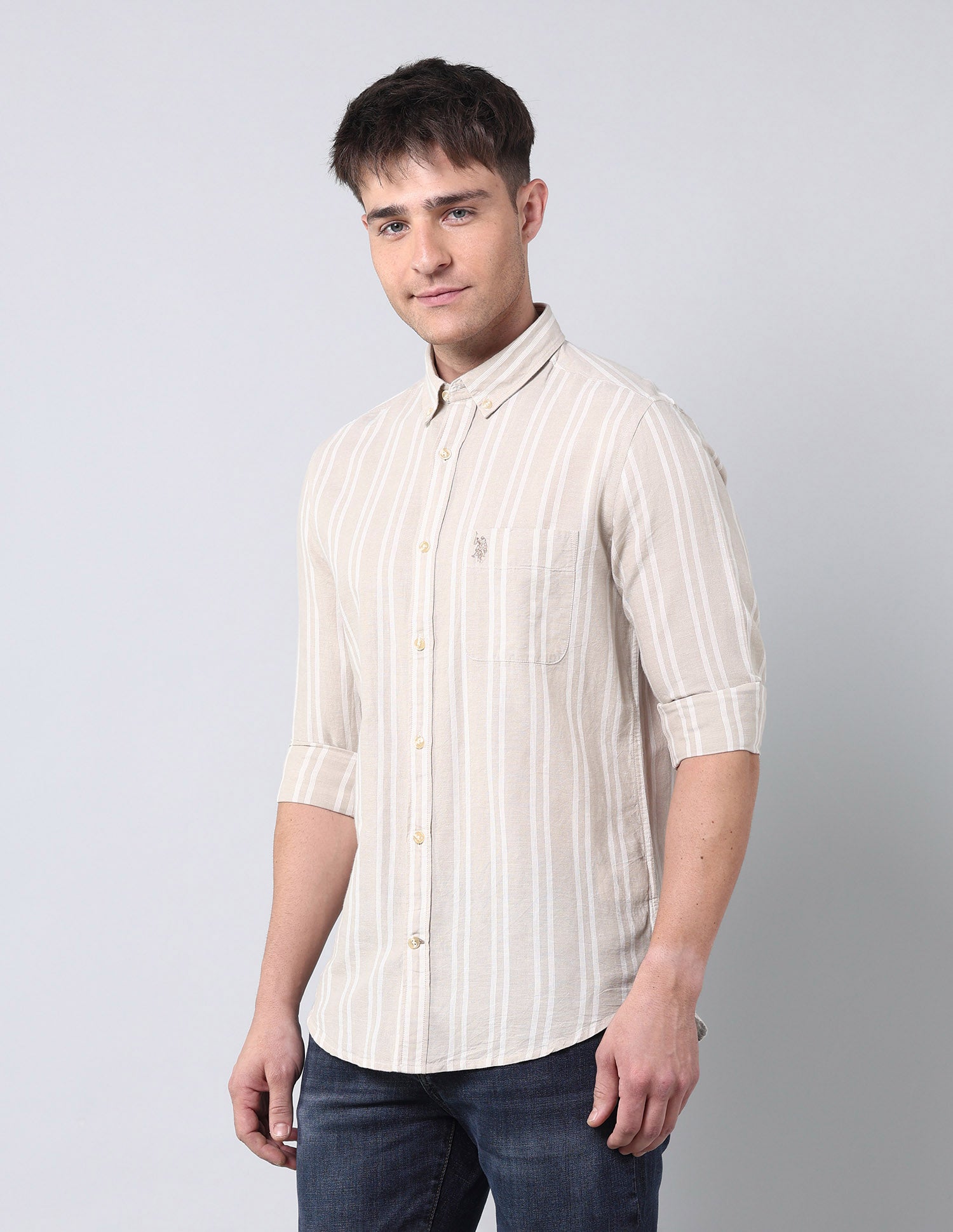 Vertical Striped Regular Fit Shirt Khaki - U.S. Polo Assn. India | Large