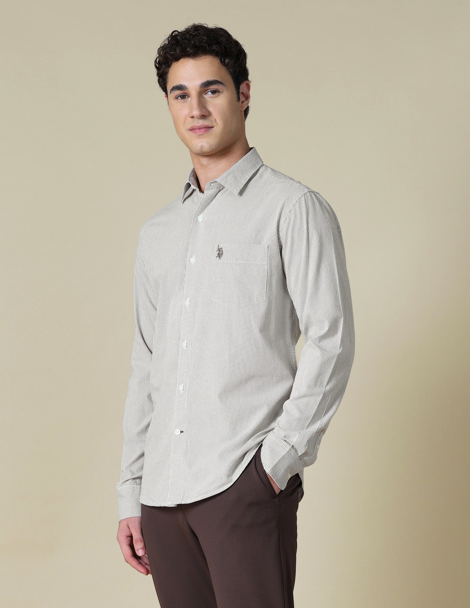 Vertical Striped Seersucker Shirt Beige - U.S. Polo Assn. India | Large