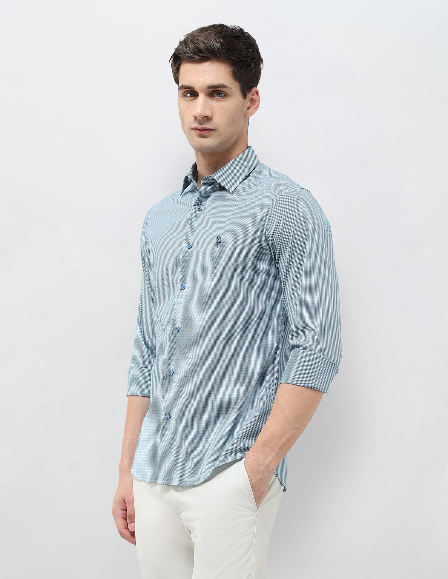 Regular Fit Micro Checked Shirt Teal - U.S. POLO ASSN. | Large