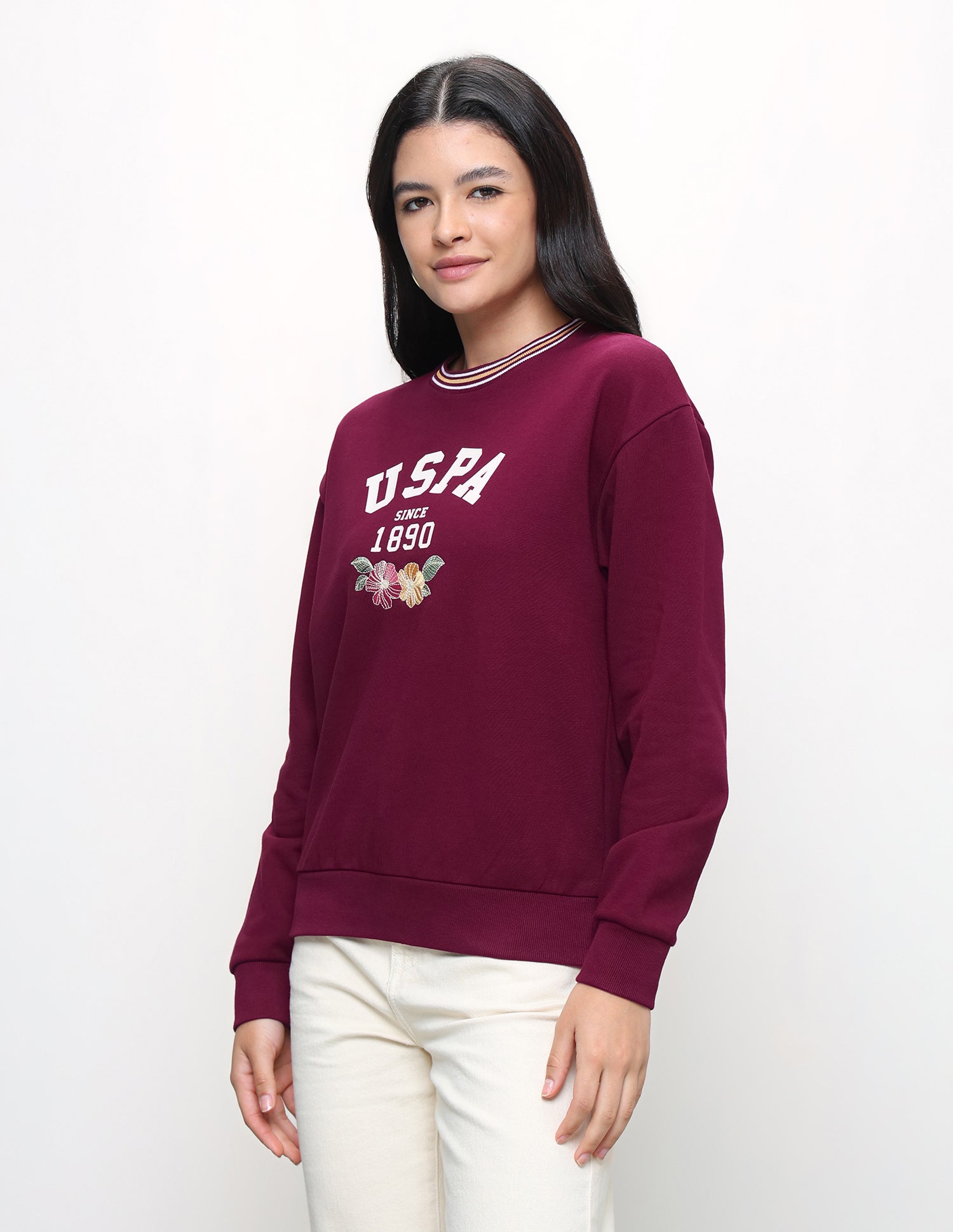 Brand Floral Embroidered Relaxed Fit Sweatshirt Maroon - U.S. Polo Assn. India | Large