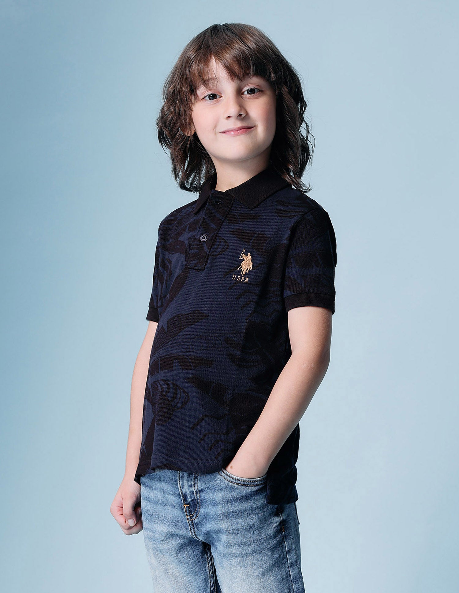 Boys All Over Printed Regular Fit Polo Shirt Navy Blue - U.S. POLO ASSN. | Large