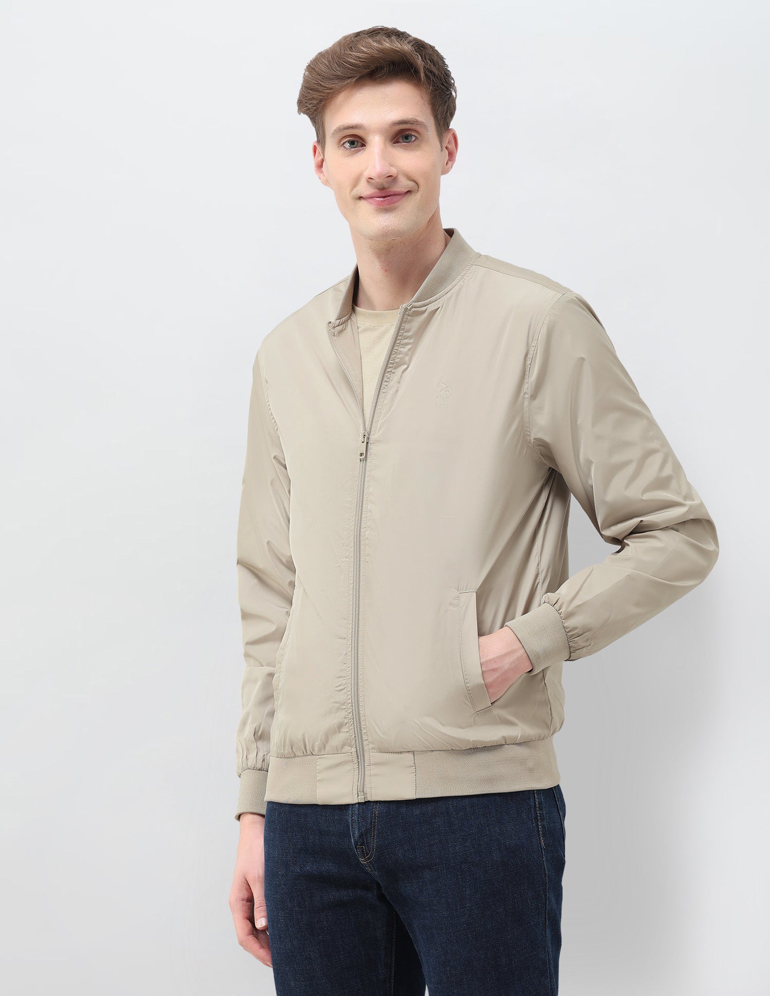 Solid Regular Fit Bomber Jacket Ecru - U.S. Polo Assn. India | Large