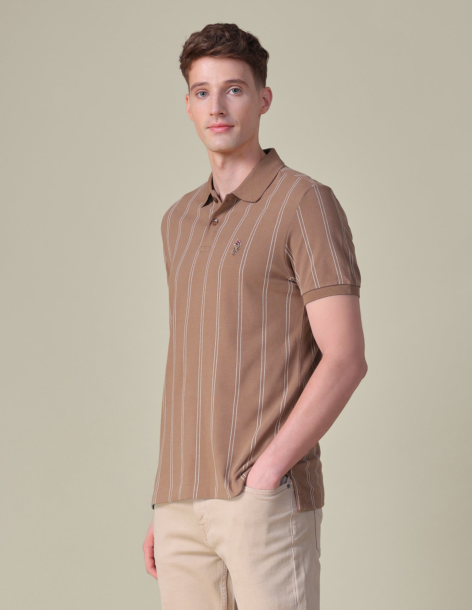 Vertical Striped Slim Fit Polo Shirt Light Brown - U.S. POLO ASSN. | Large