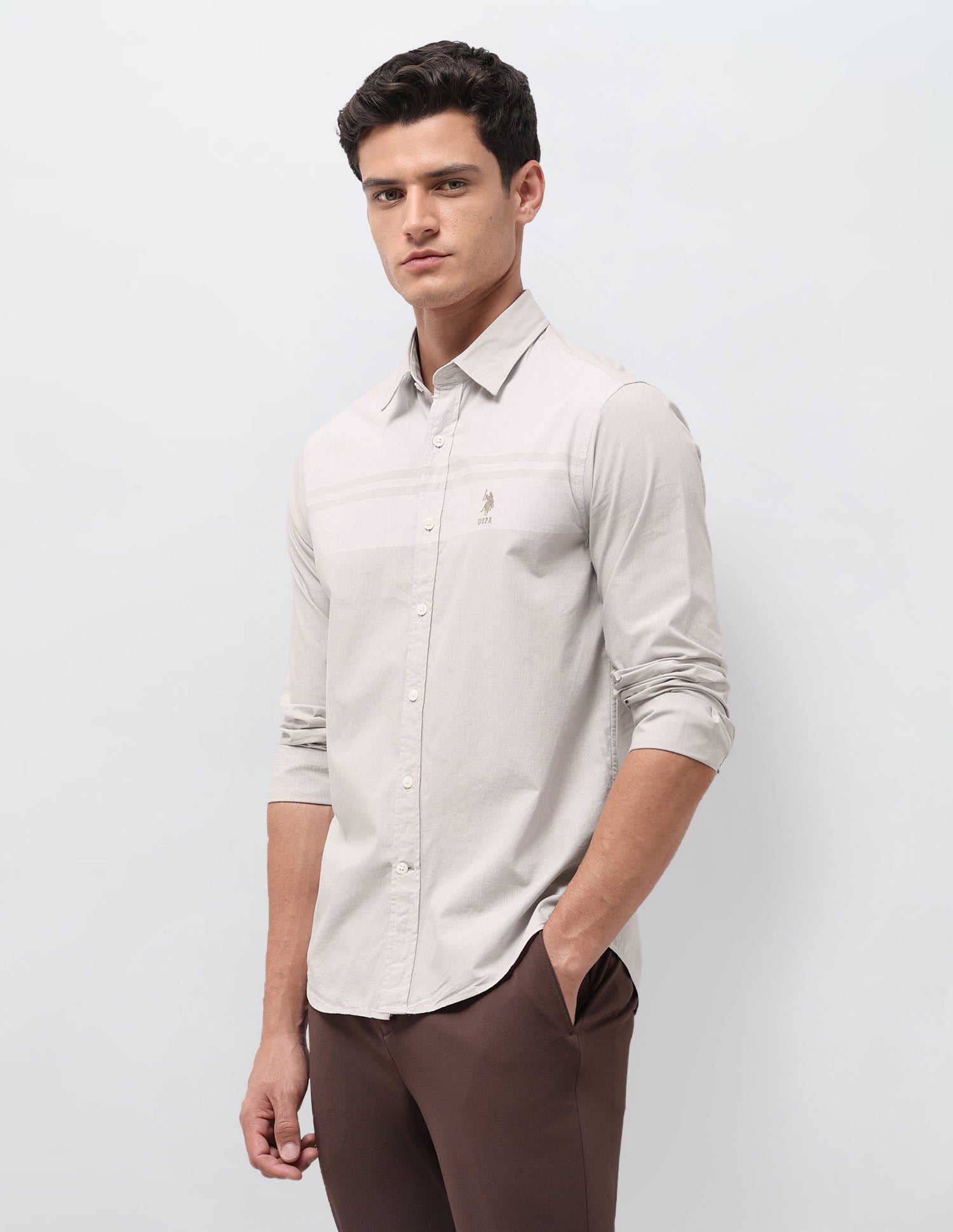 Solid With Stripe Detail Regular Fit Shirt Beige - U.S. Polo Assn. India | Large