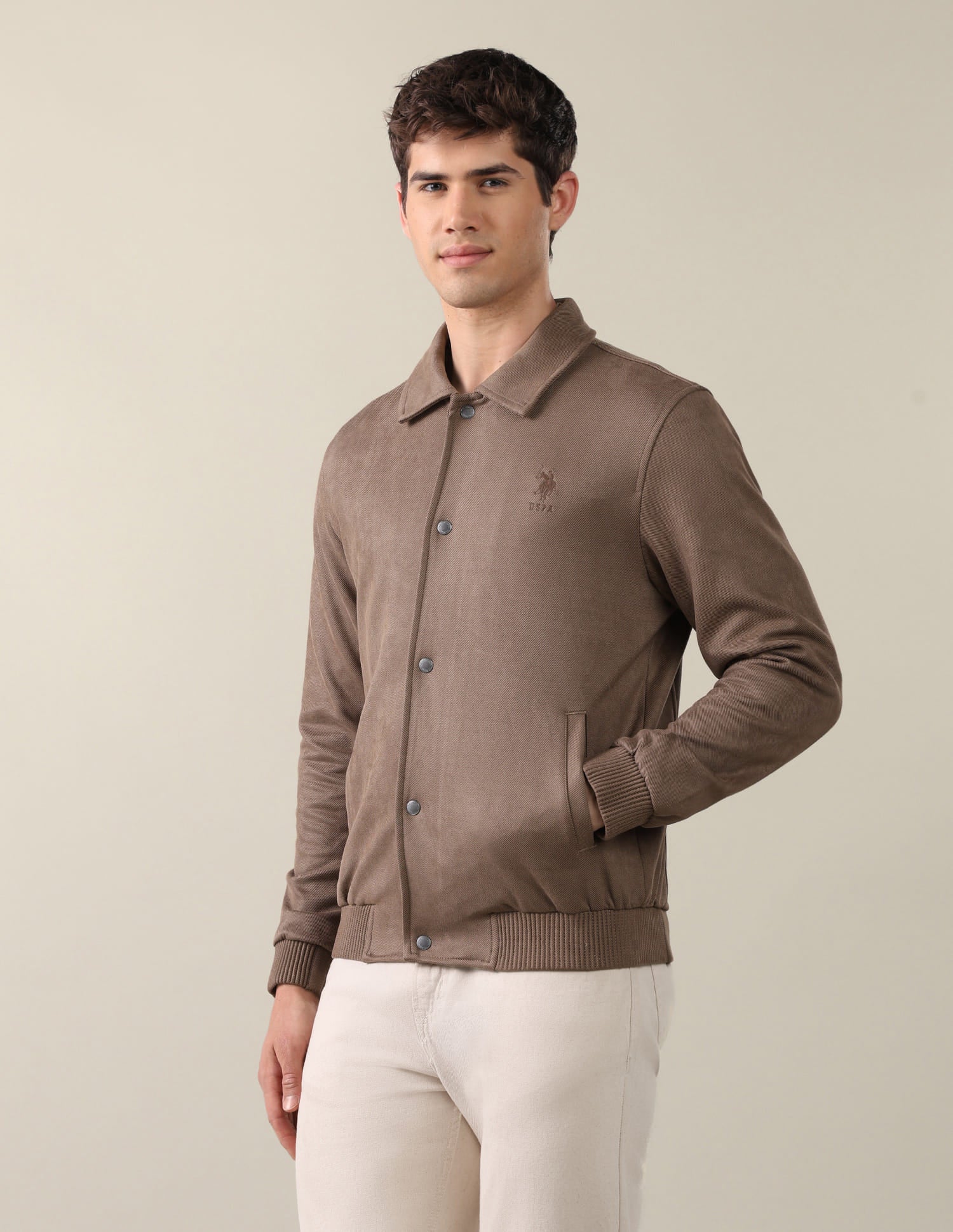 Solid Regular Fit Bomber Jacket Brown - U.S. Polo Assn. India | Large