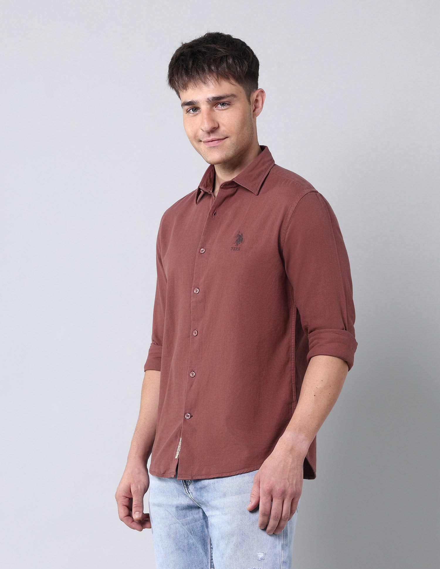 Solid Pure Cotton Dobby Shirt Rust - U.S. Polo Assn. India | Large