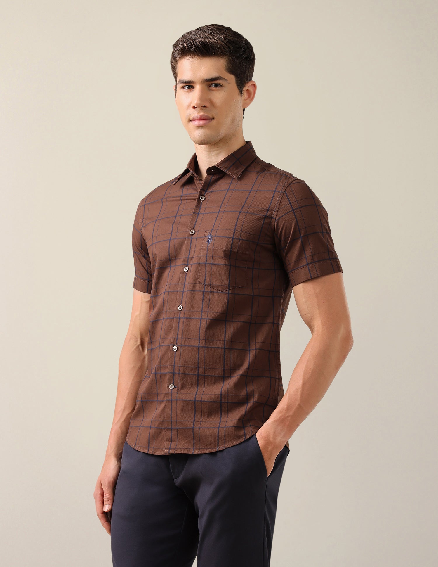 Grid Tattersall Checked Tailored Fit Shirt Brown - U.S. Polo Assn. India | Large