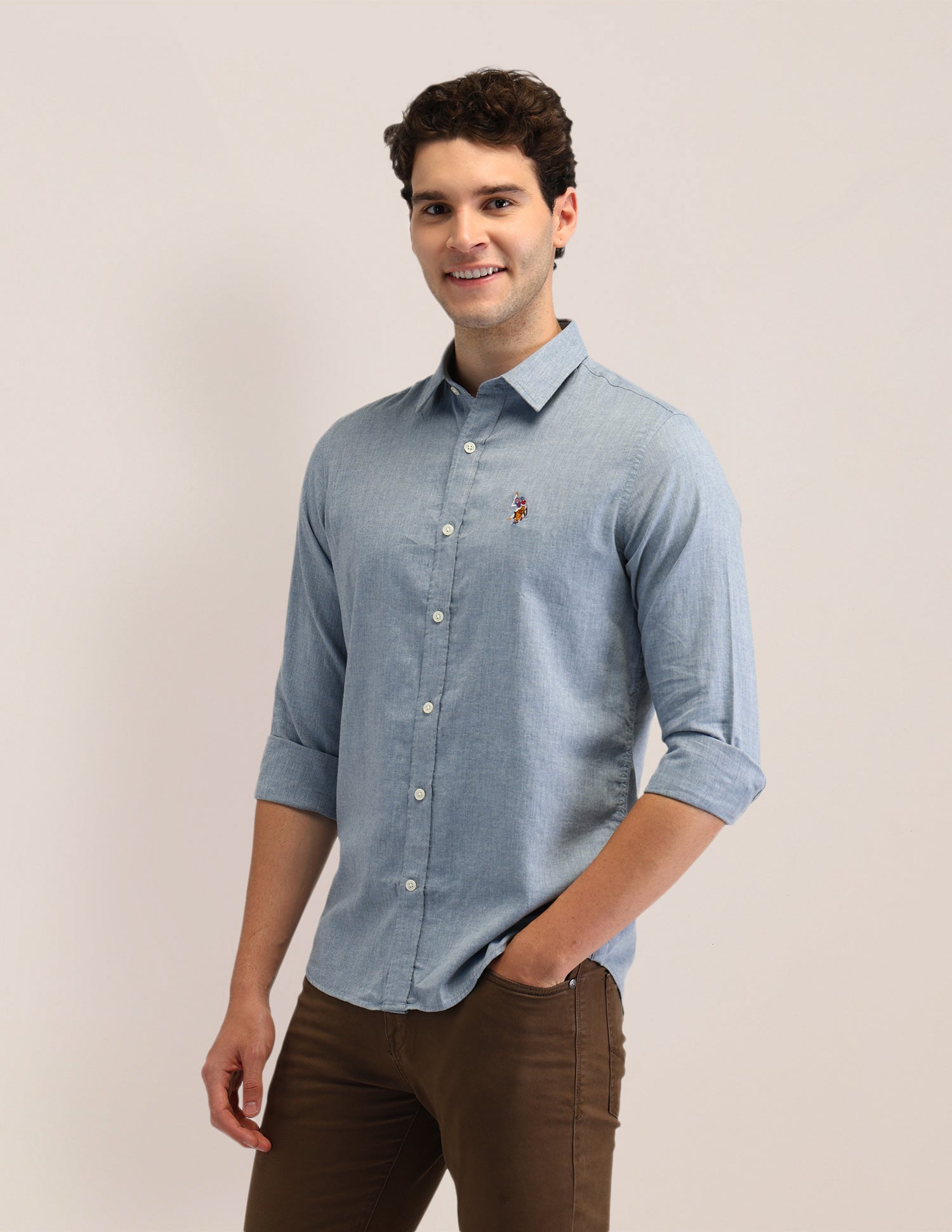 Solid Cotton Shirt Blue - U.S. POLO ASSN. | Large