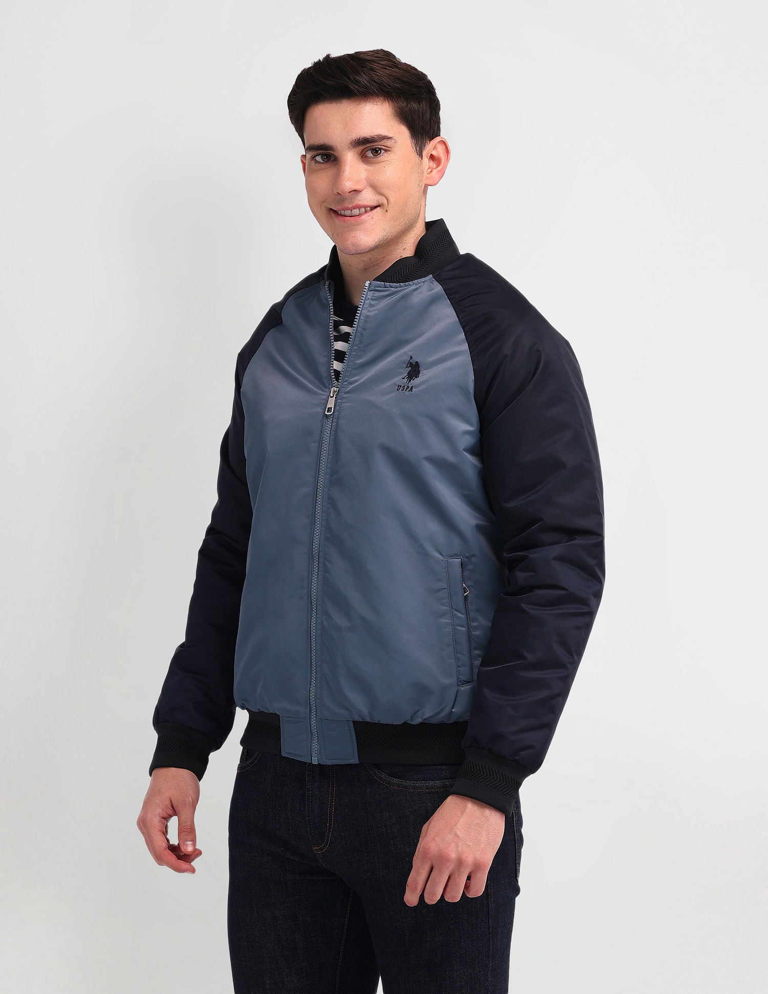 Regular Fit Solid Bomber Jacket Navy - U.S. Polo Assn. India | Large