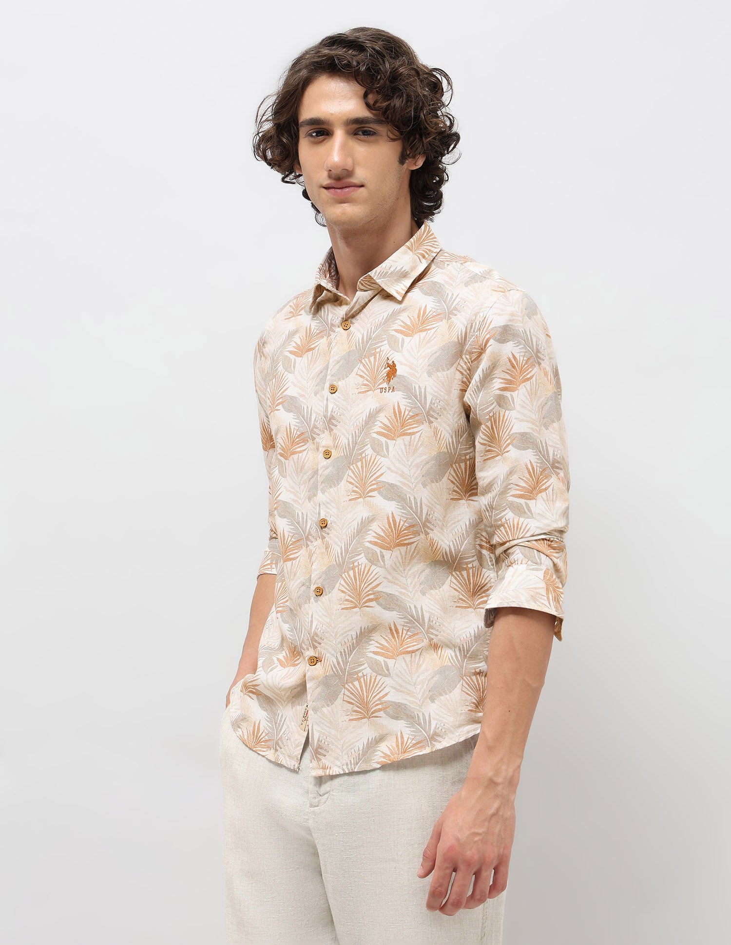 Tropical Printed Regular Fit Shirt Beige - U.S. POLO ASSN. | Large