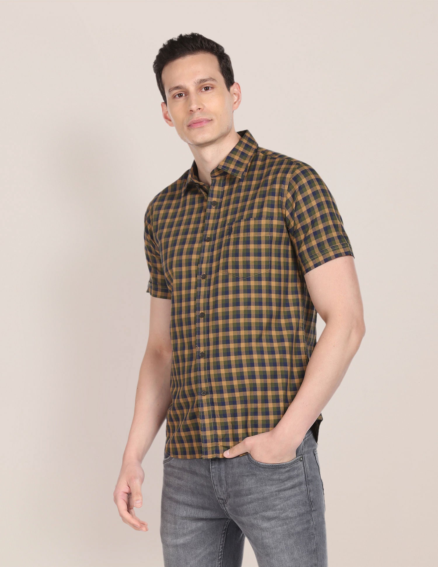 Cutaway Collar Cotton Casual Shirt Green, Brown and Blue - U.S. Polo Assn. India | Large