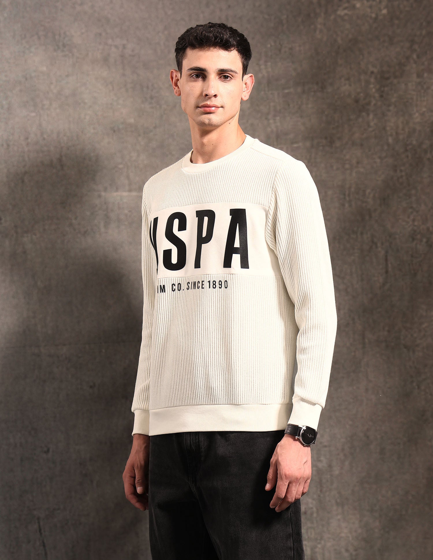 Brand Printed Textured Black & Gold Sweatshirt Ivory - U.S. POLO ASSN. | Large