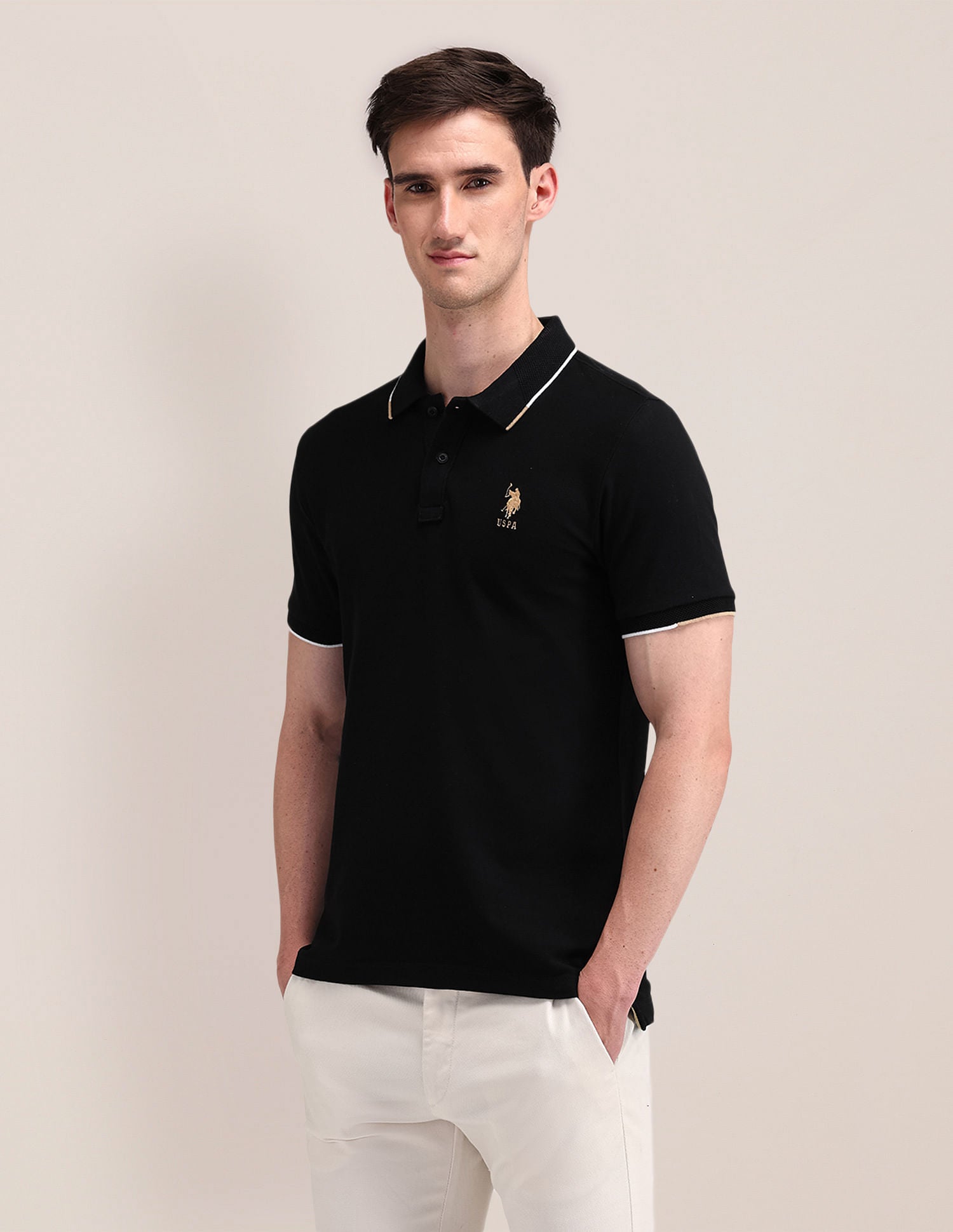 Slim Fit Solid Polo Shirt Black - U.S. Polo Assn. India | Large