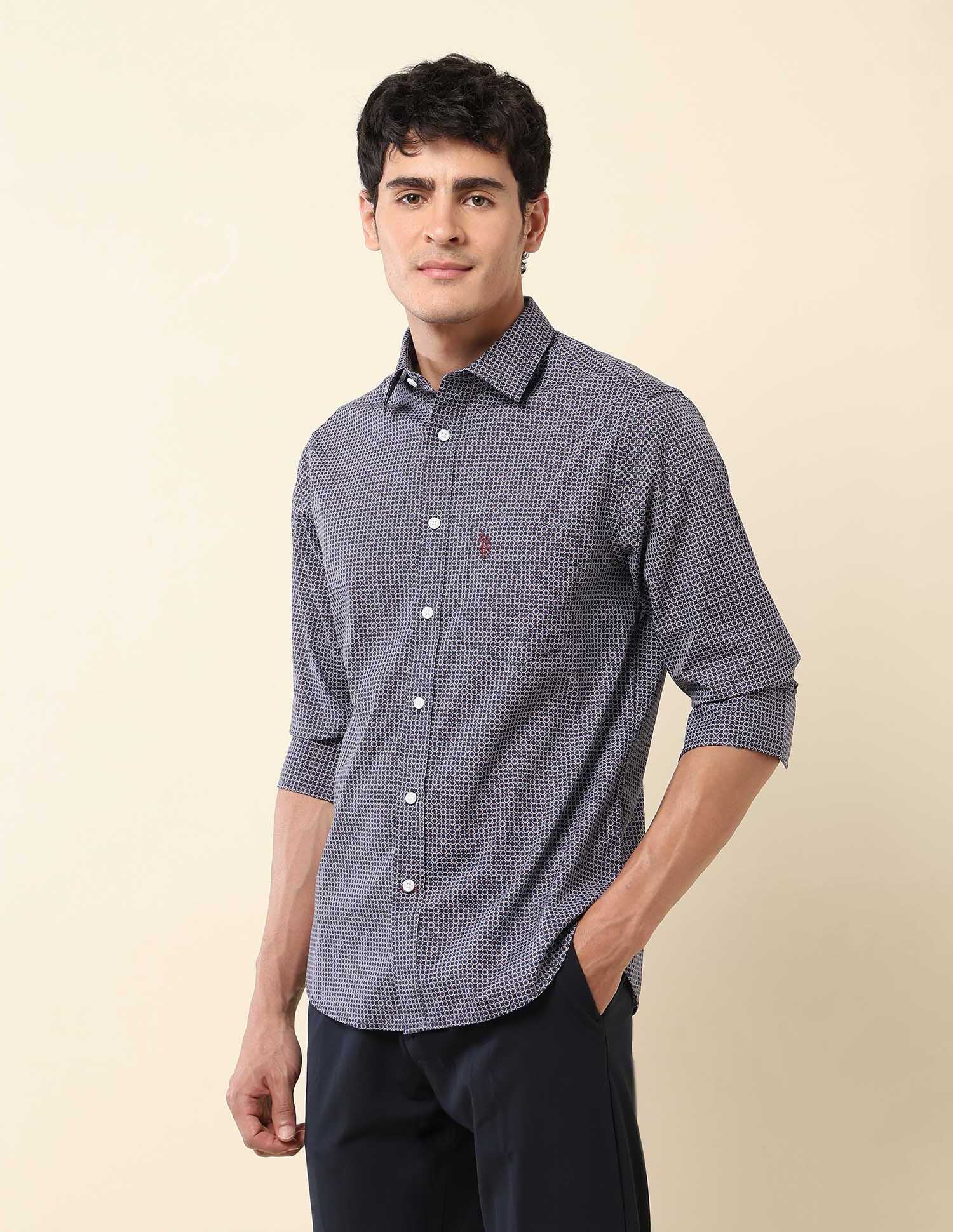 Geometric Printed Tailored Fit Shirt Navy - U.S. Polo Assn. India | Large