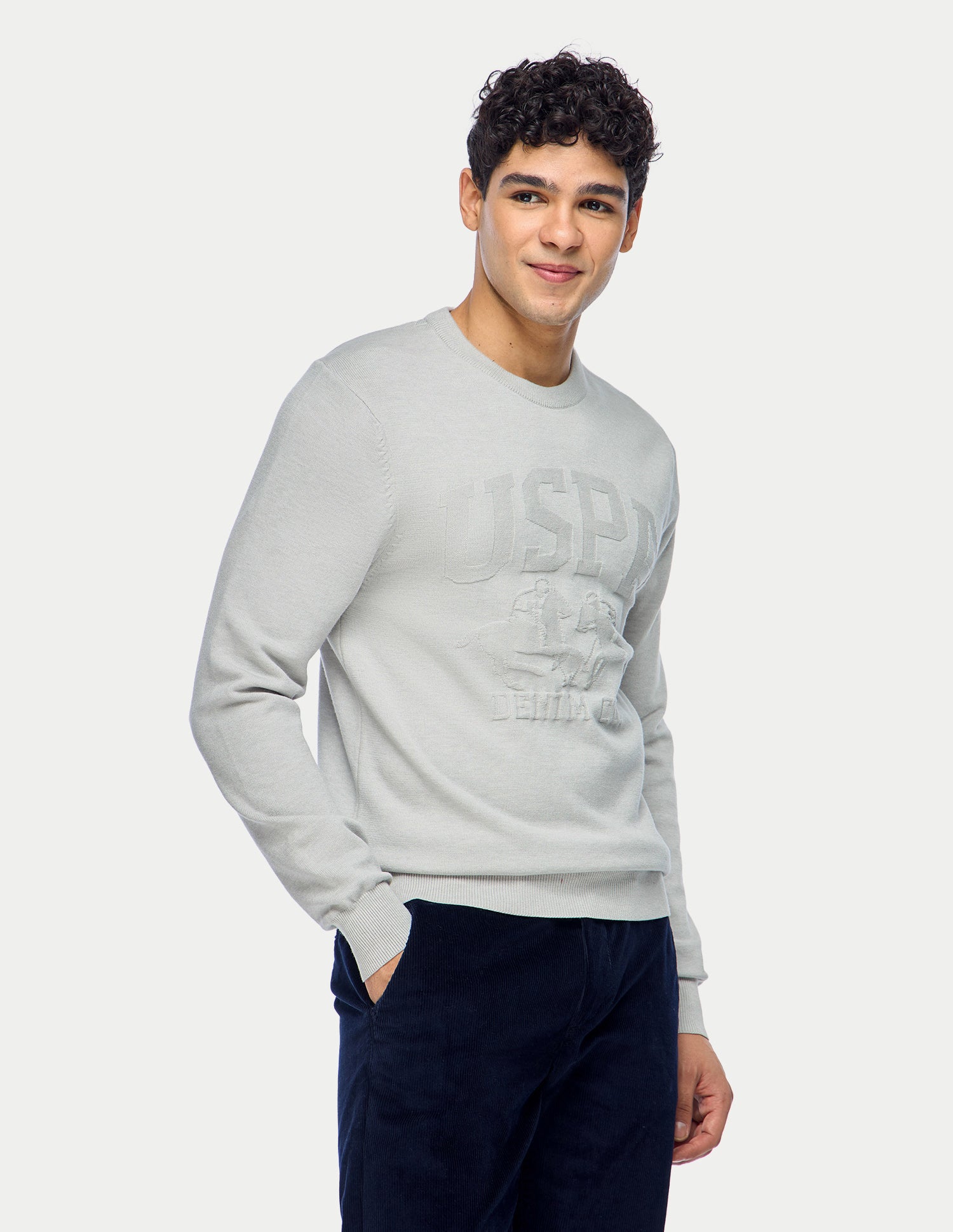 Brand Embossed Regular Fit Sweater Light Grey - U.S. Polo Assn. India | Large