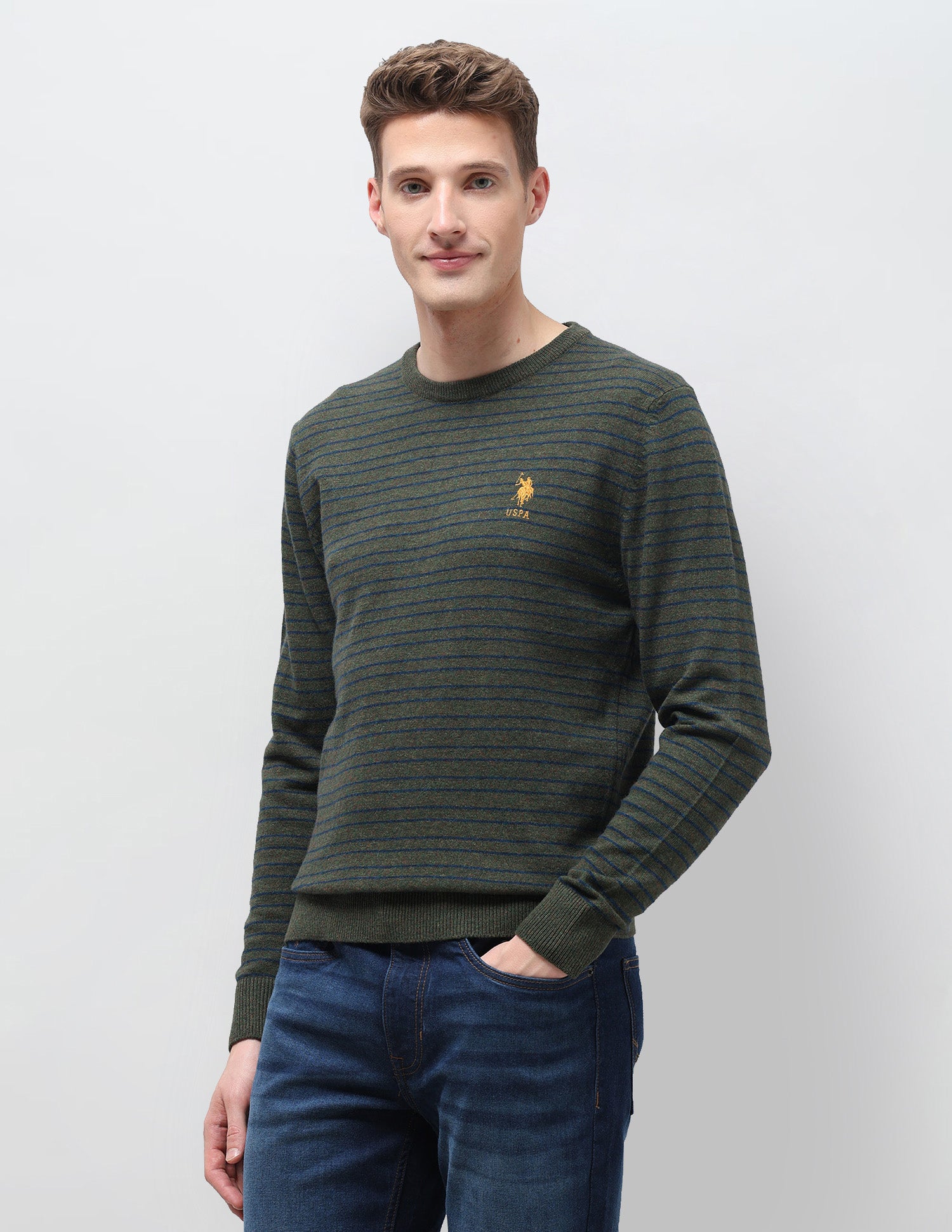 Horizontal Striped Regular Fit Sweater Olive - U.S. Polo Assn. India | Large
