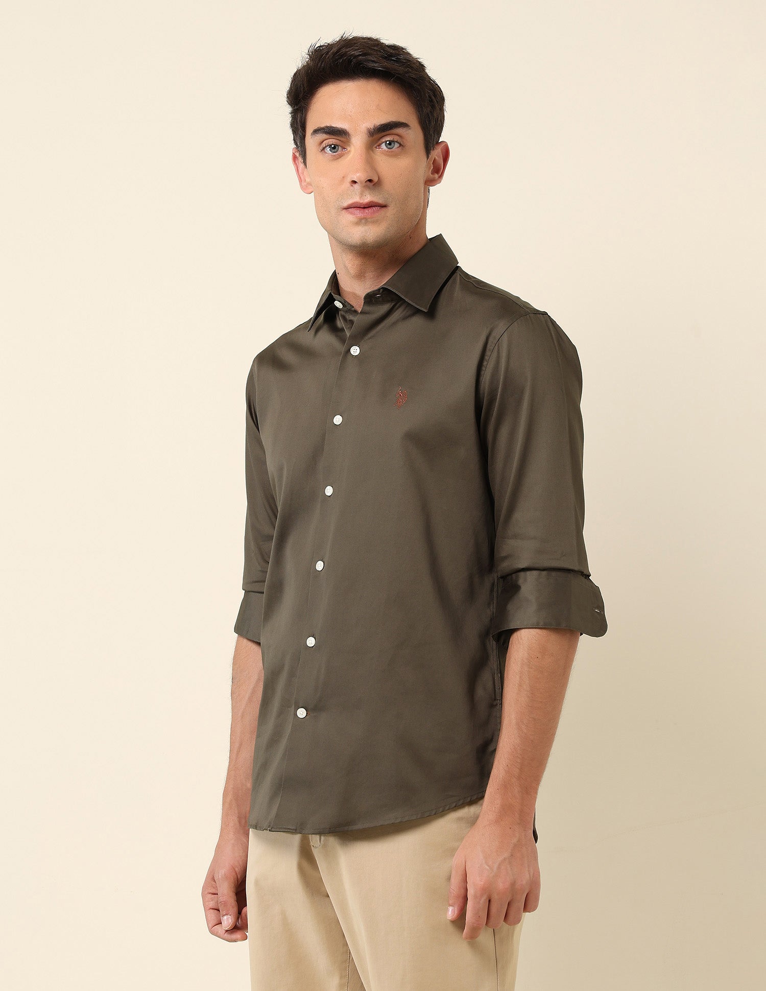 Tailored Fit Satin Pure Cotton Shirt Brown - U.S. Polo Assn. India | Large