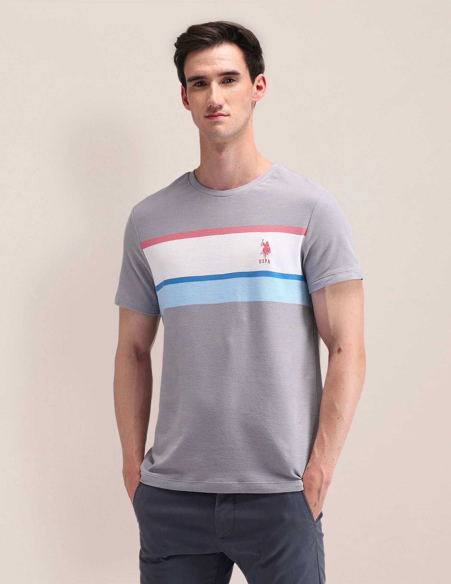 Slim Fit Horizontal Striped T-Shirt Light-Grey - U.S. Polo Assn. India | Large