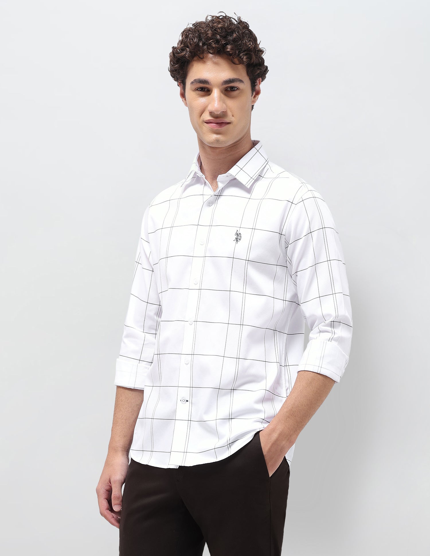 Windowpane Checked Satin Shirt Olive - U.S. Polo Assn. India | Large