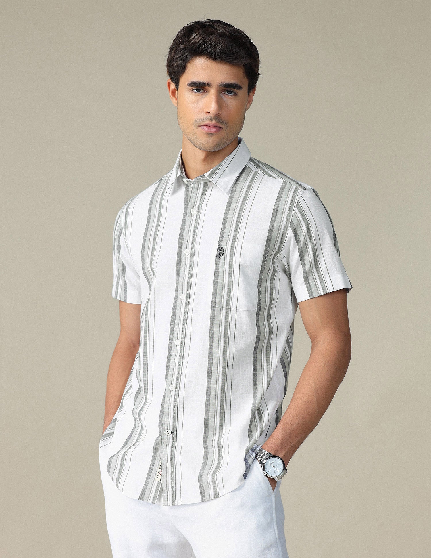 Vertical Striped Pure Cotton Shirt White - U.S. POLO ASSN. | Large