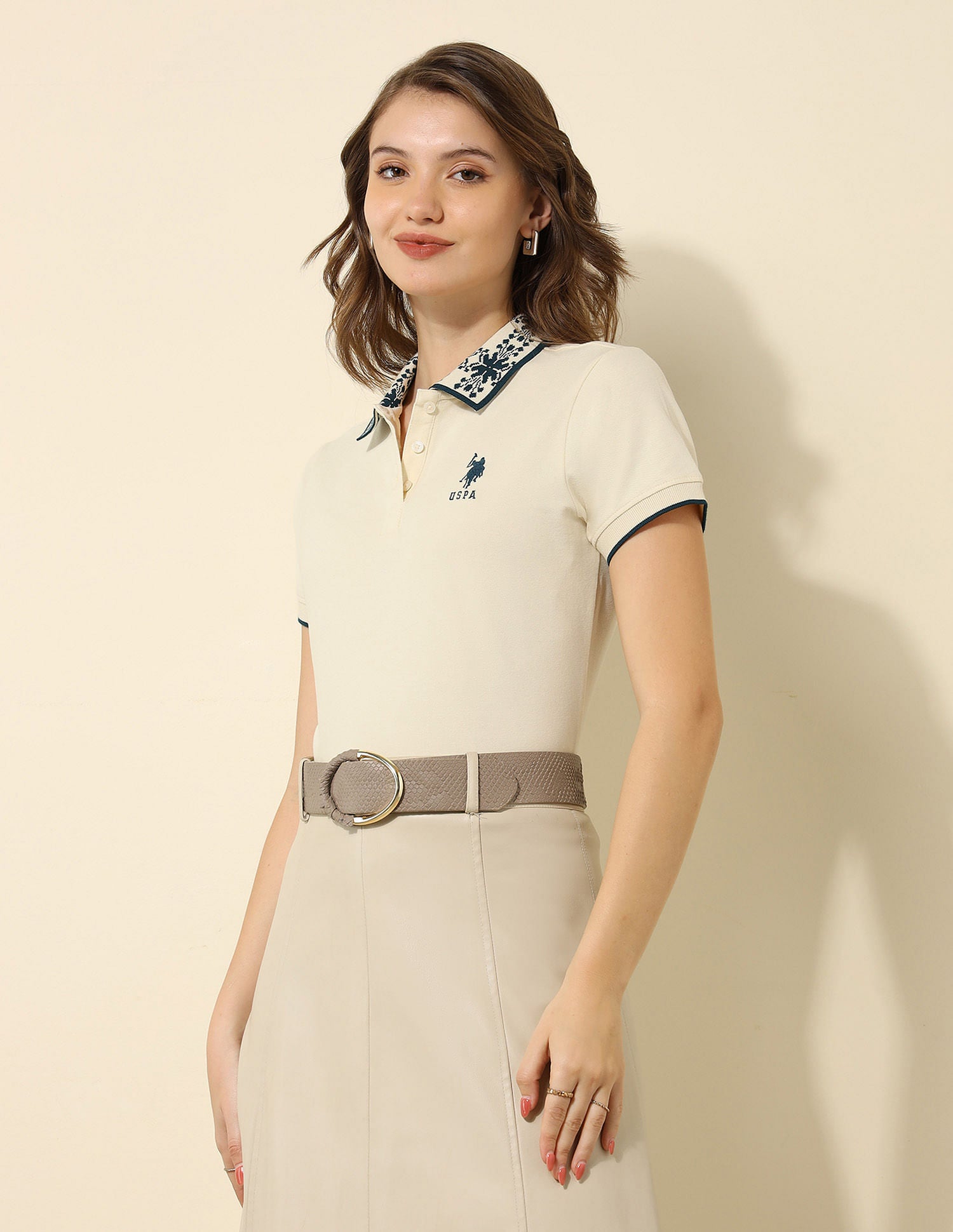 Jacquard Collar Regular Fit Polo Shirt Ecru - U.S. POLO ASSN. | Large