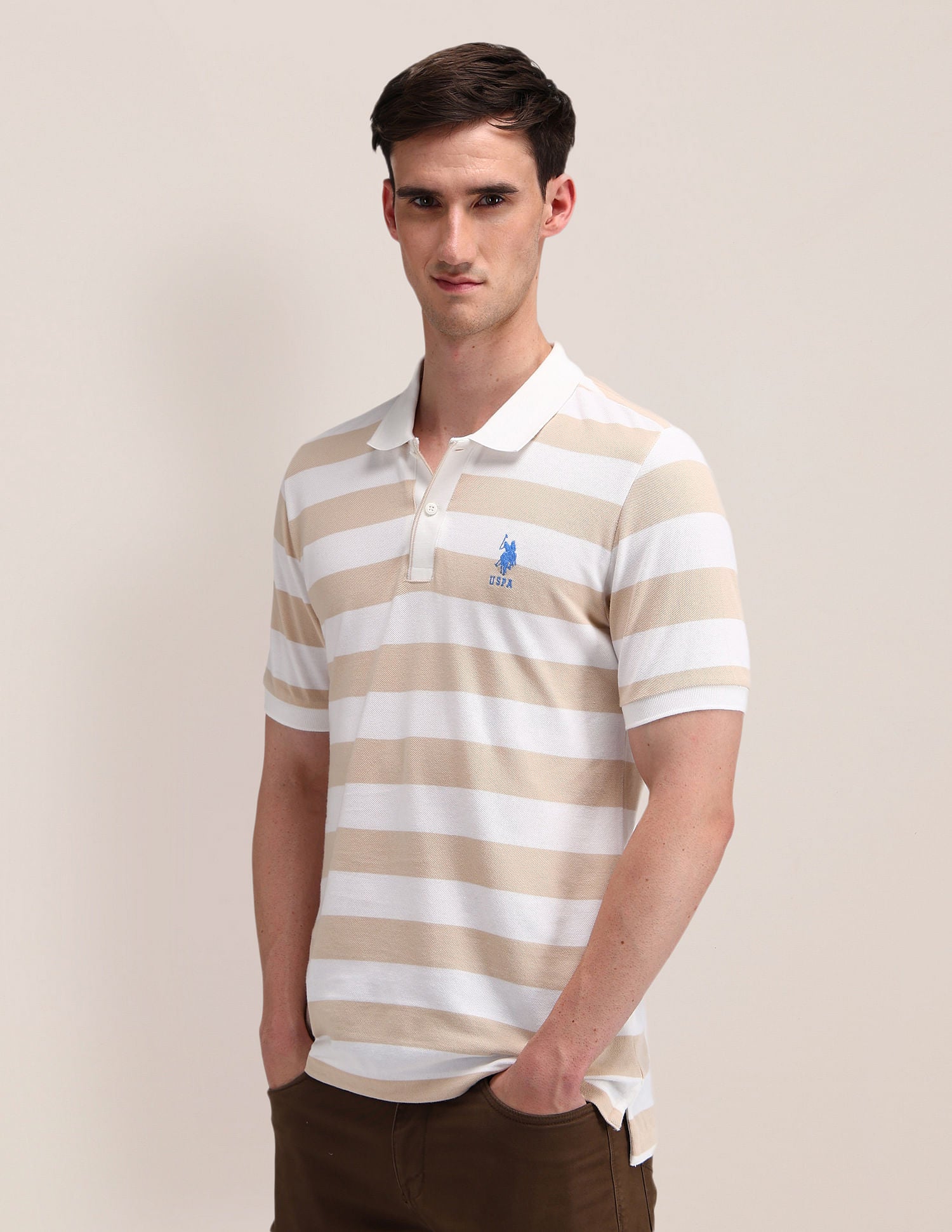Slim Fit Horizontal Striped Polo Shirt Beige - U.S. Polo Assn. India | Large