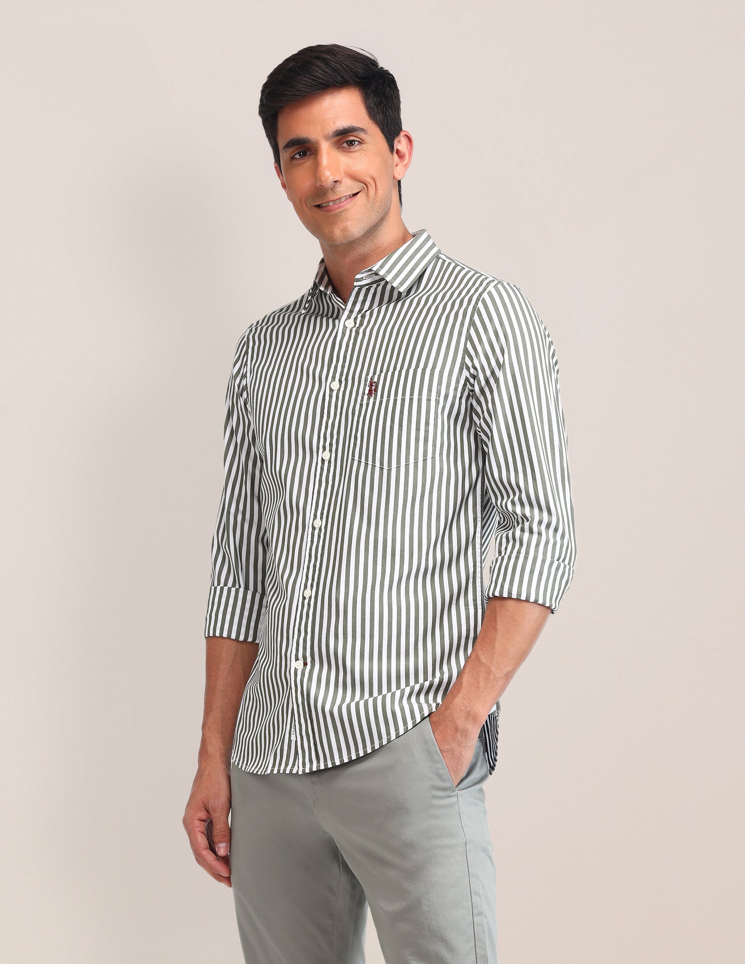 Vertical Striped Poplin Shirt Green - U.S. Polo Assn. India | Large