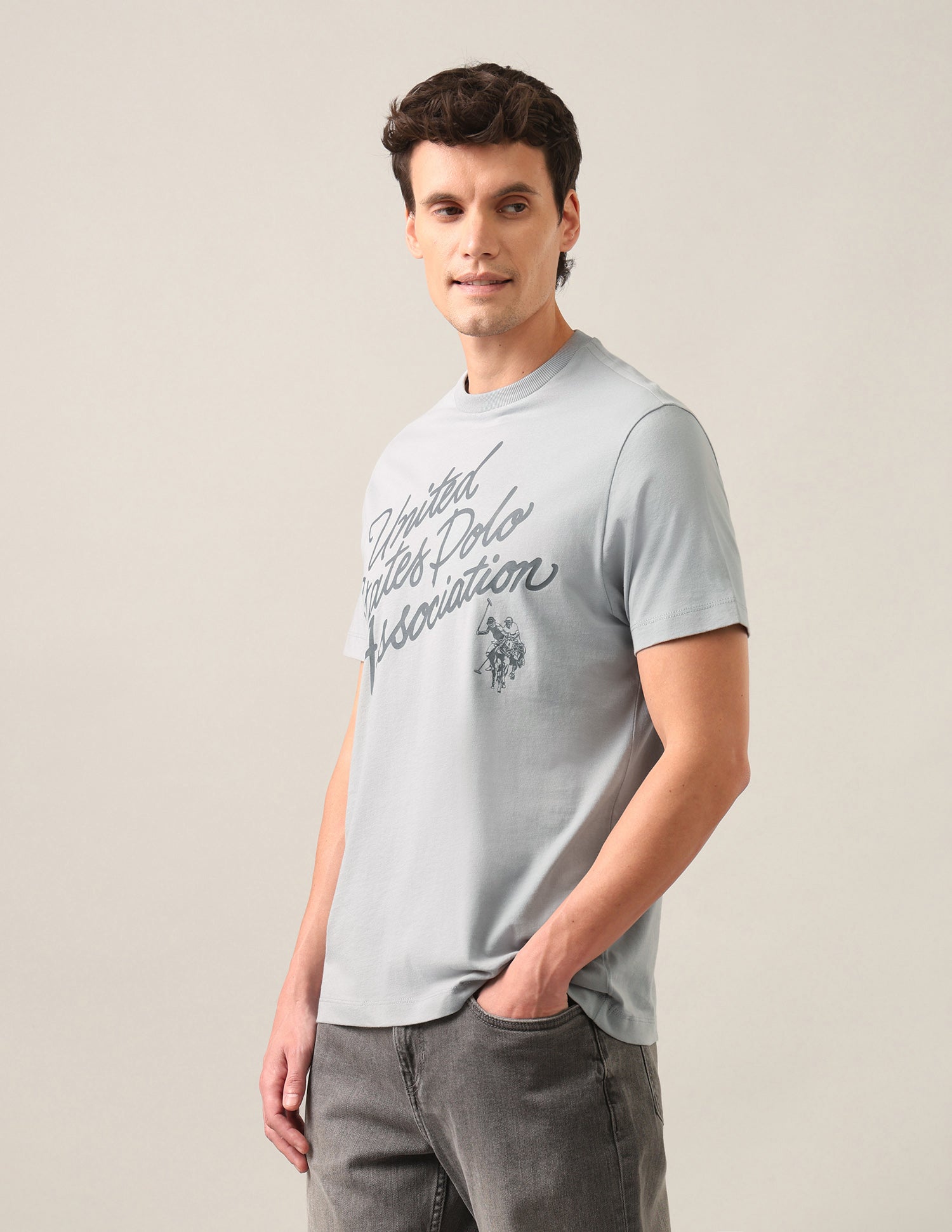 Typographic Brand Printed Regular Fit T-Shirt Grey - U.S. Polo Assn. India | Large
