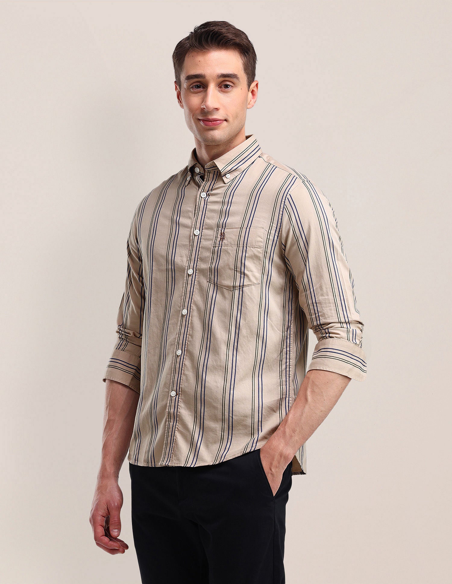 Tailored Fit Cotton Striped Shirt Beige - U.S. Polo Assn. India | Large